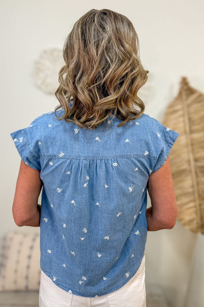 Chambray Floral Embroidered Denim Shirt - back