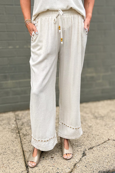 Beige Linen Drawstring Pant 