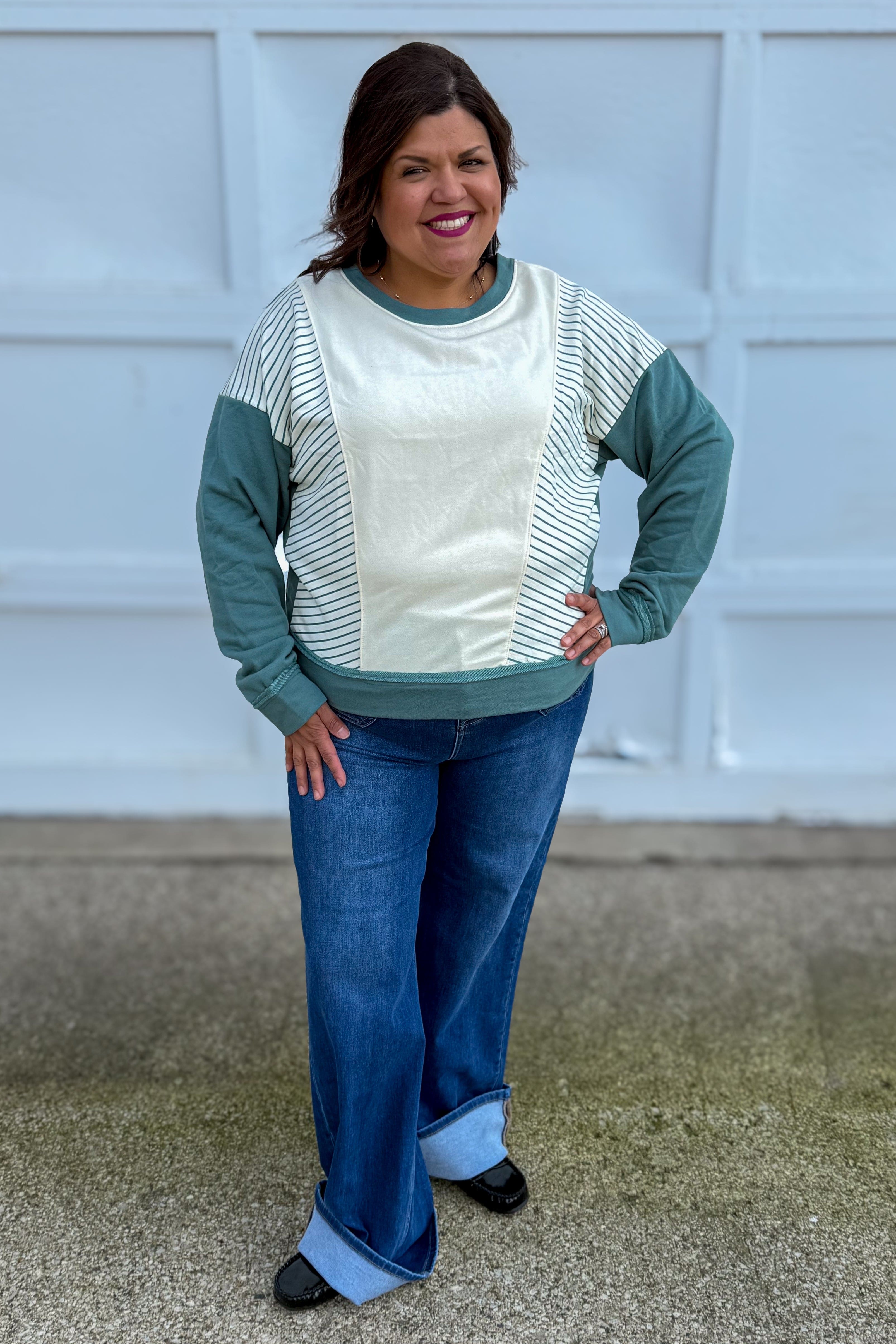 Sage Stripe Color Block Terry Top Styled