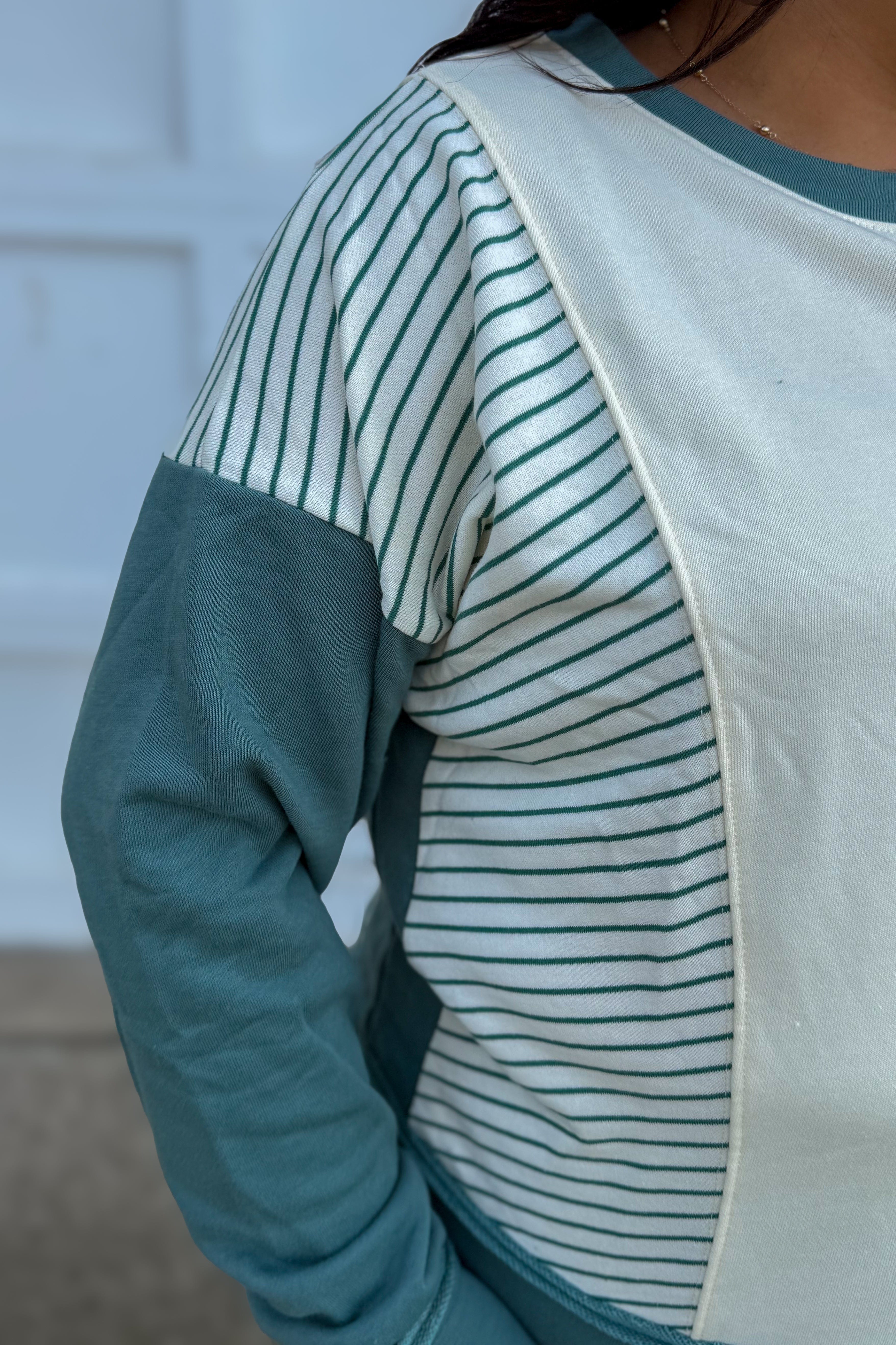 Sage Stripe Color Block Terry Top Detailed