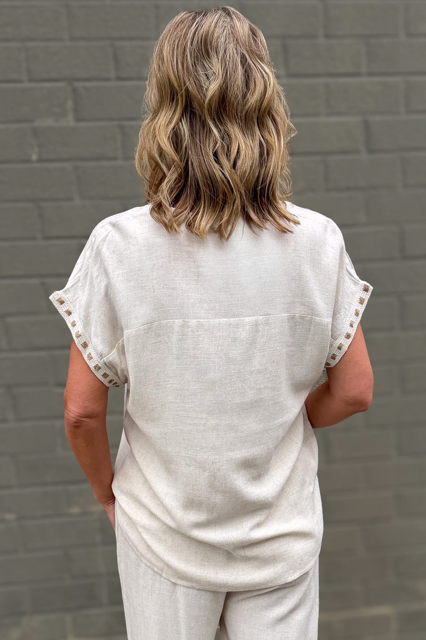 Beige Linen Square Hem Blouse Back