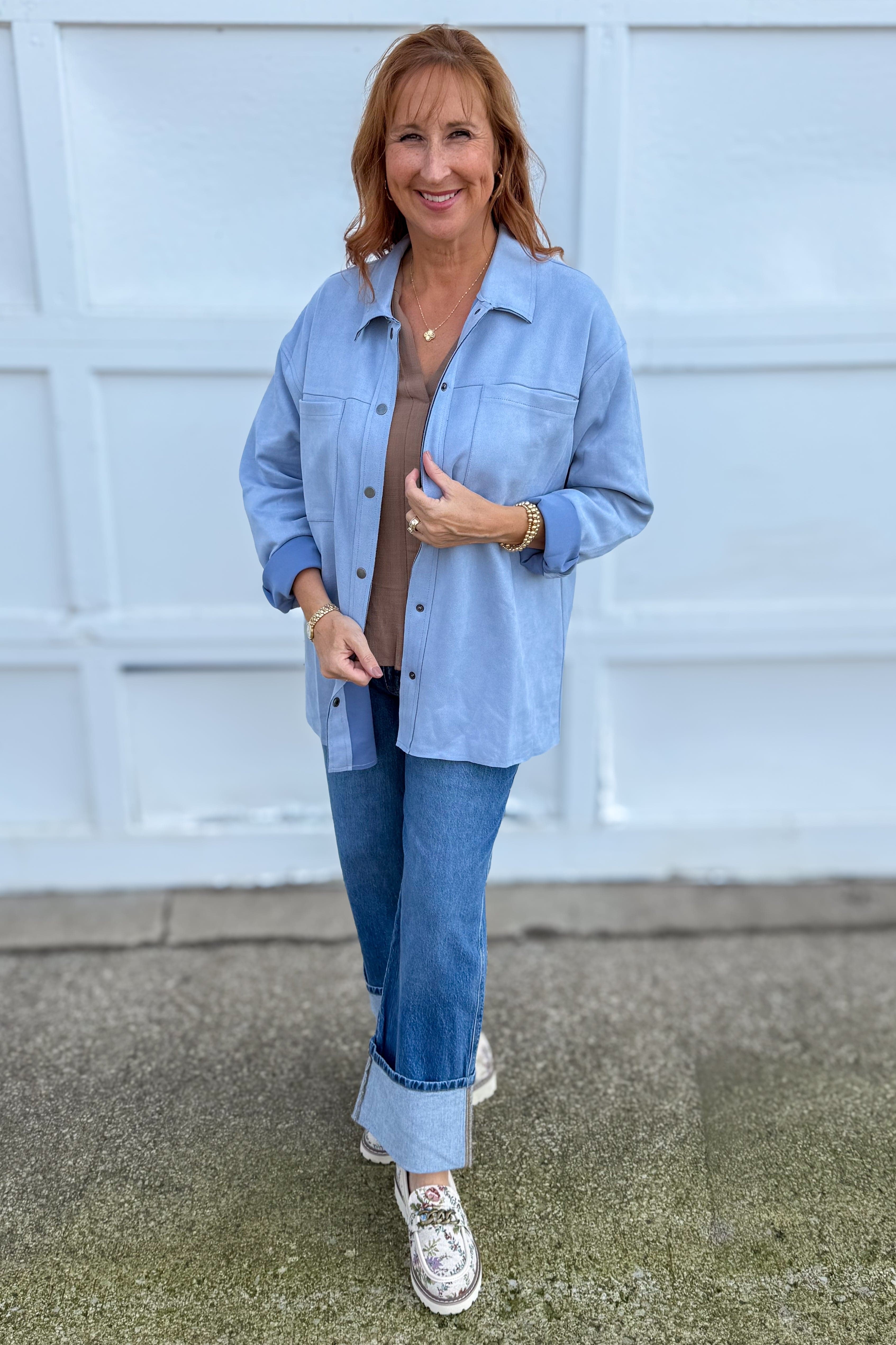 Blue Suede Shacket Styled
