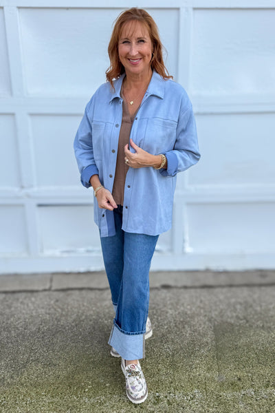 Blue Suede Shacket Styled