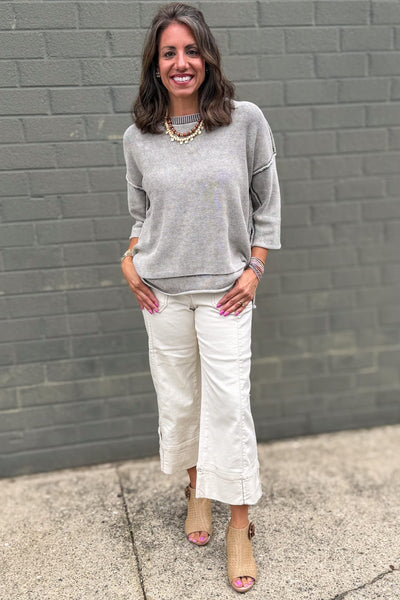 Mocha Washed 3/4 Sleeve Boxy Sweater