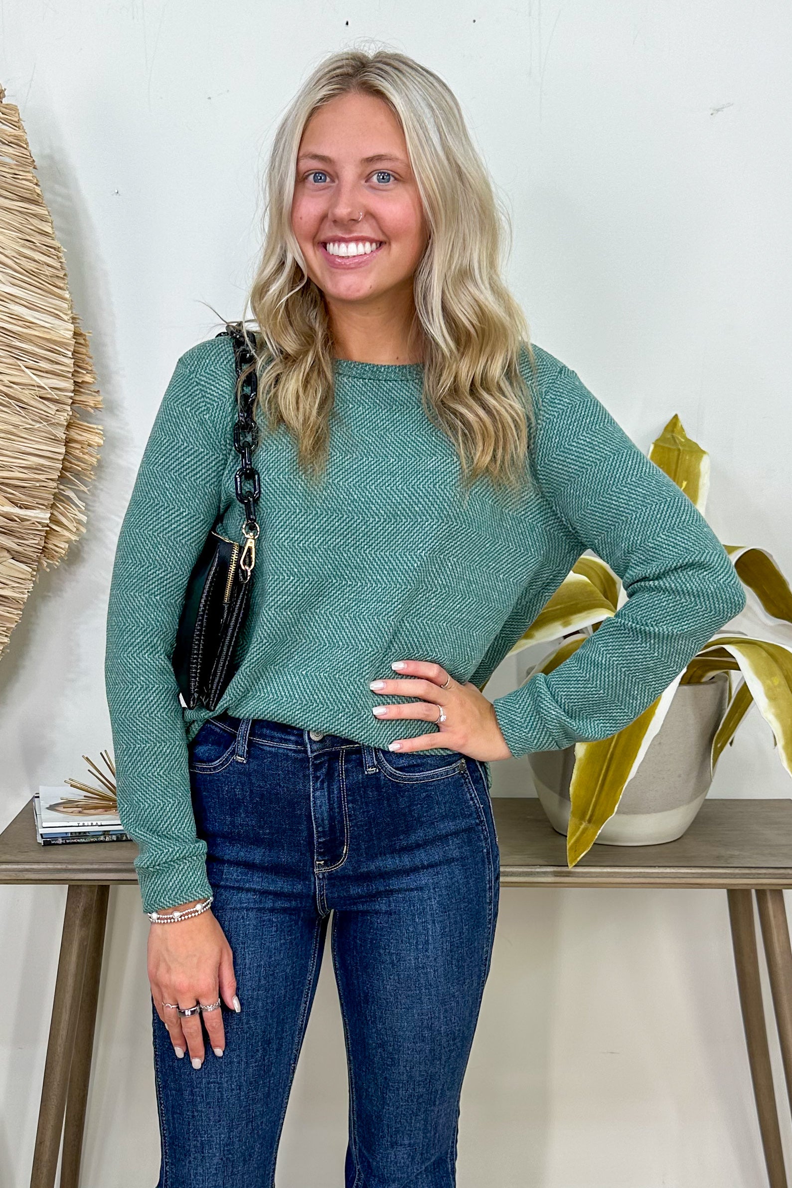 Green Textured Knit Pullover