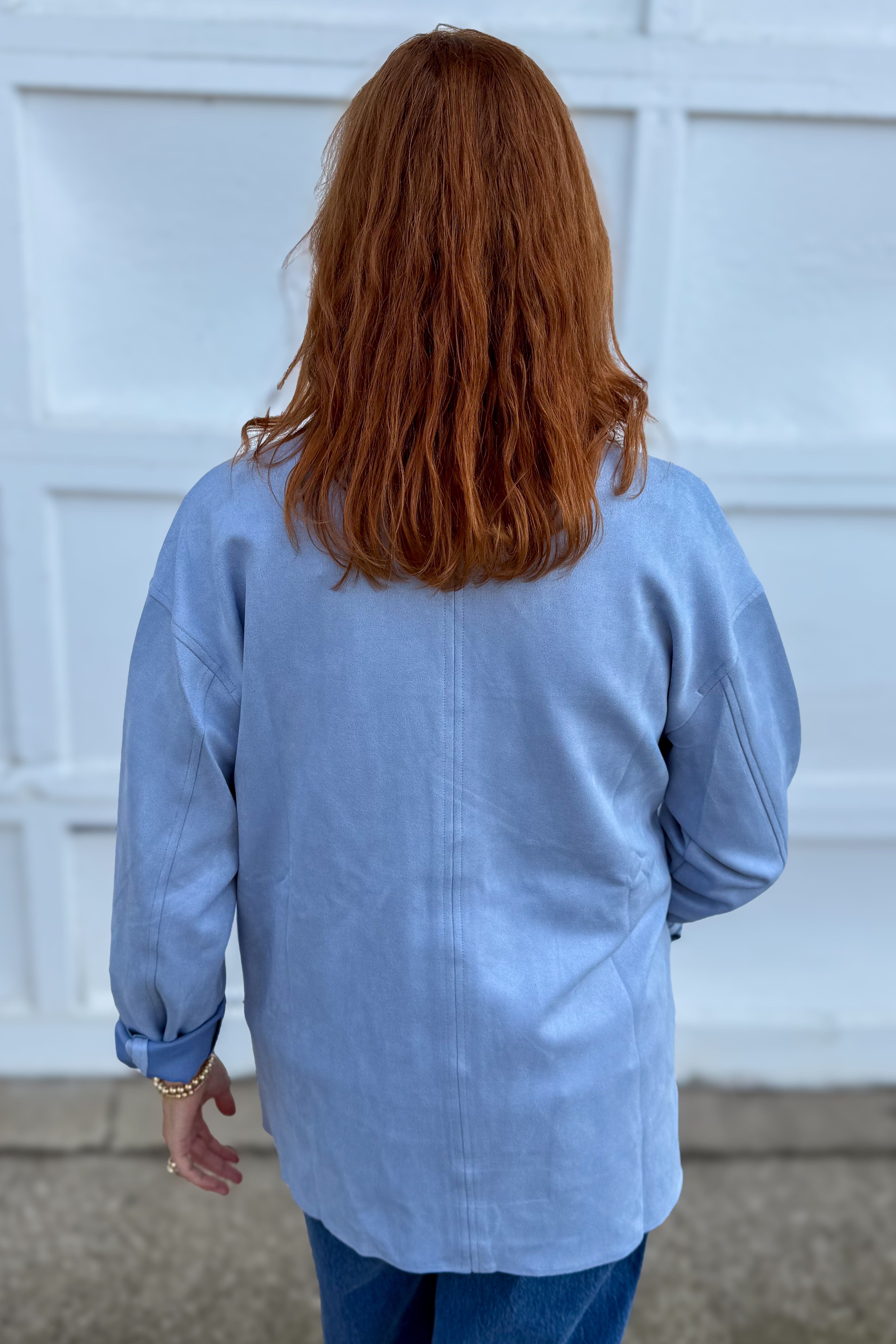 Blue Suede Shacket Back
