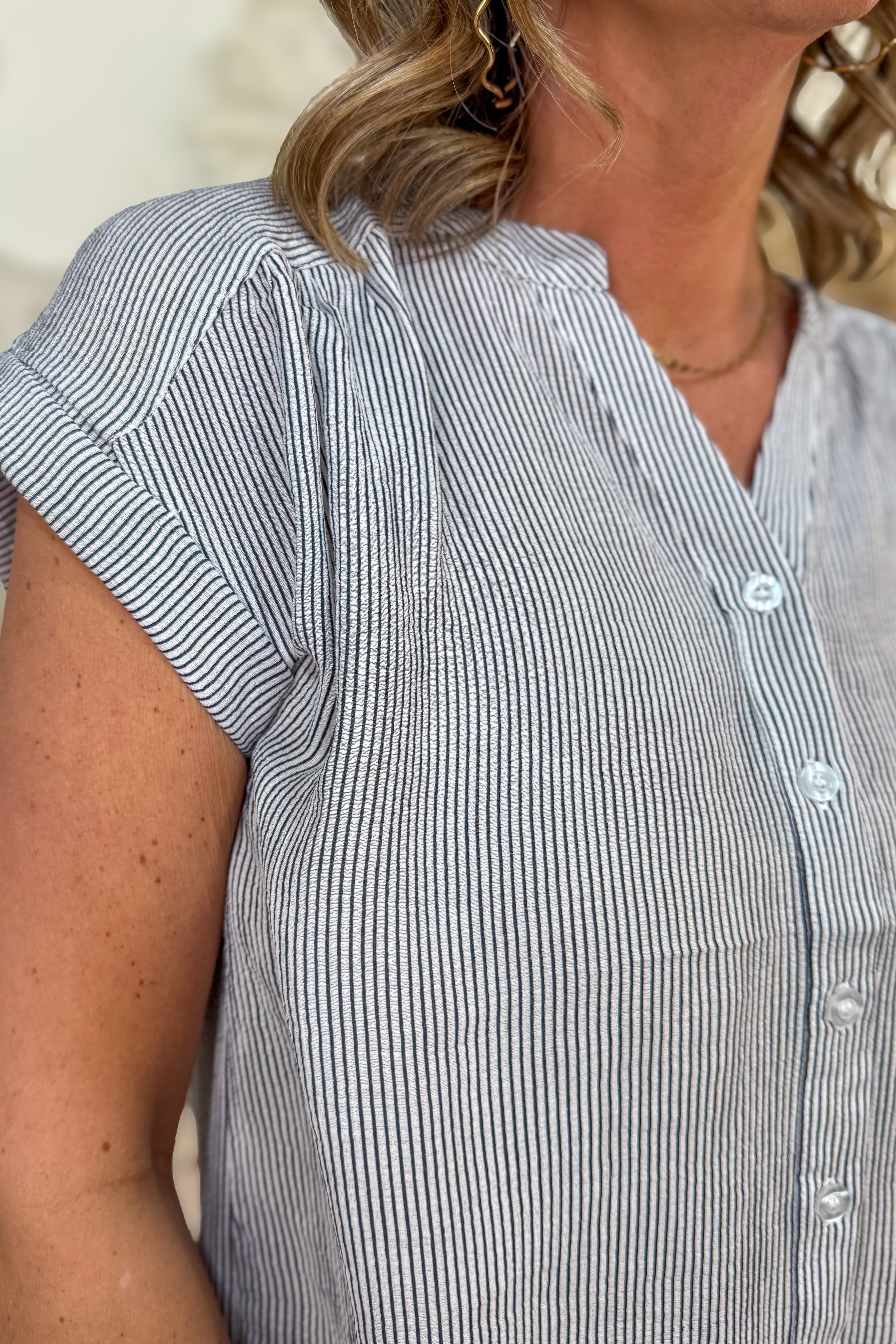 Navy Pinstripe Button Shirt -Detail