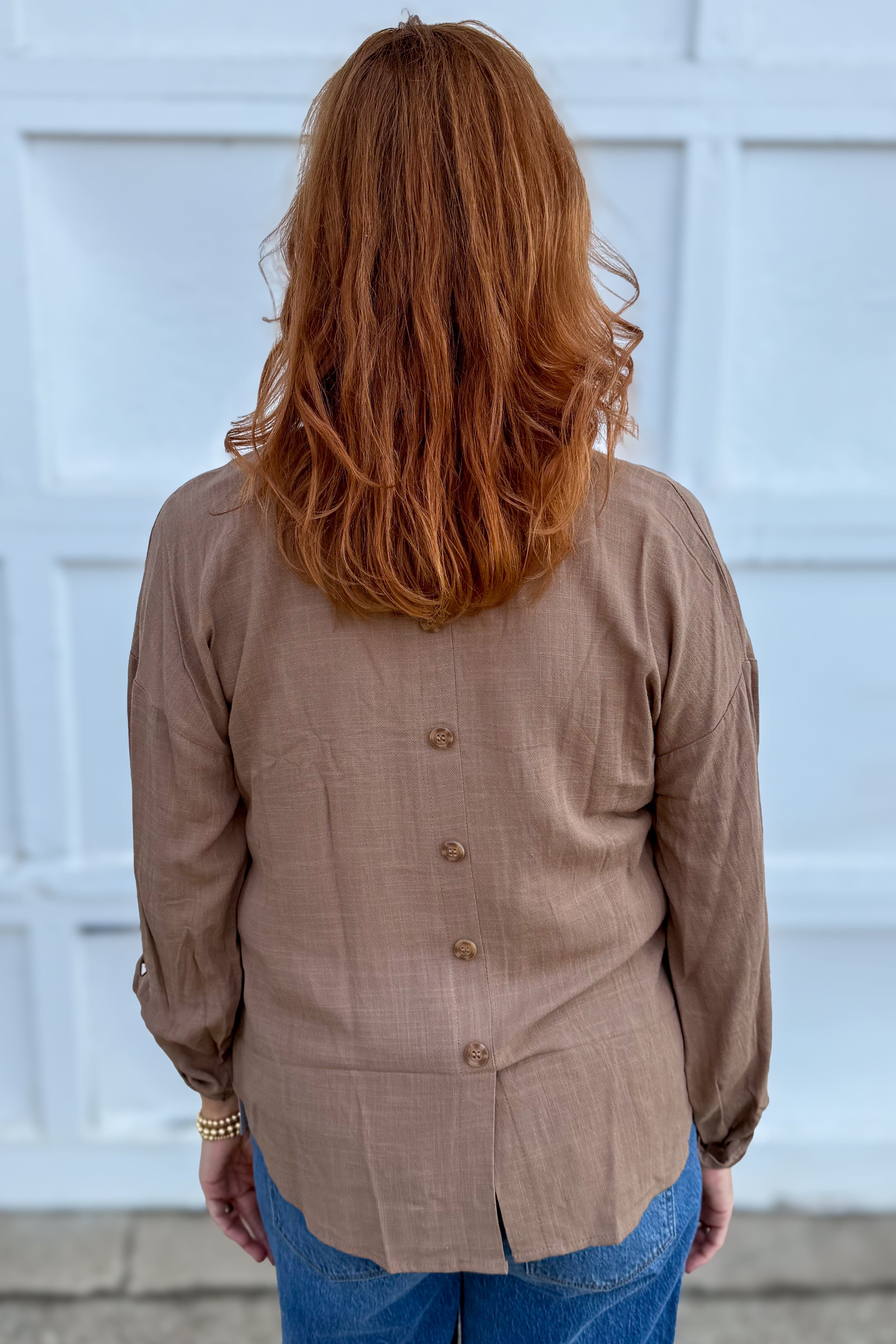 Mocha Split Neck Button Back Detail Top Back