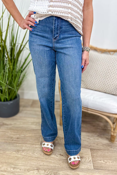 High Waist Contrast Thread Straight Denim