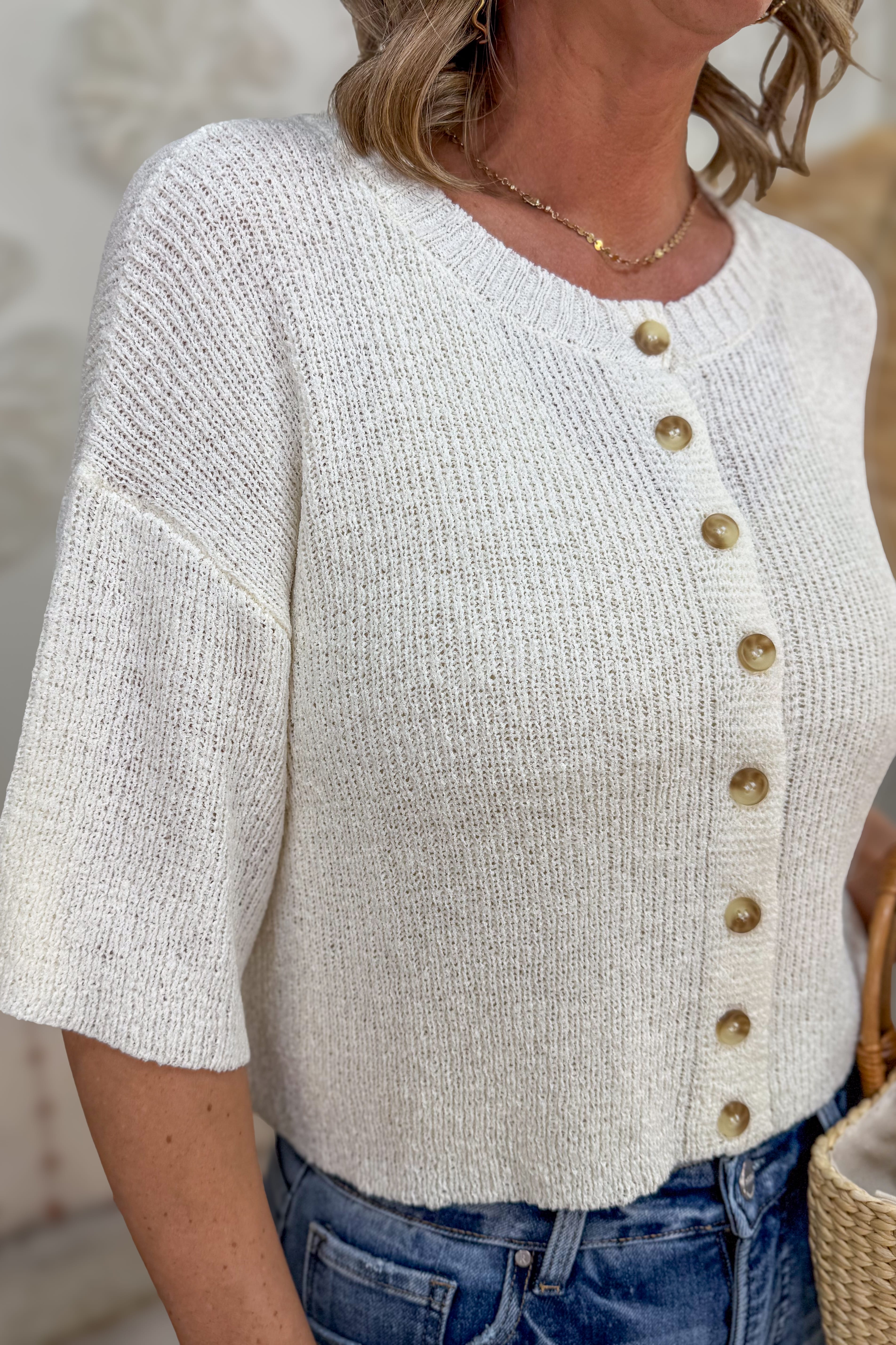 Ivory Boxy Short Sleeve Knit Cardigan Detail
