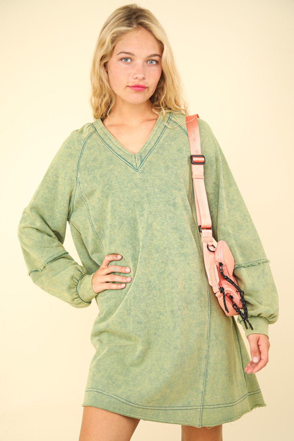 Green Mineral Wash A-Line Mini Dress