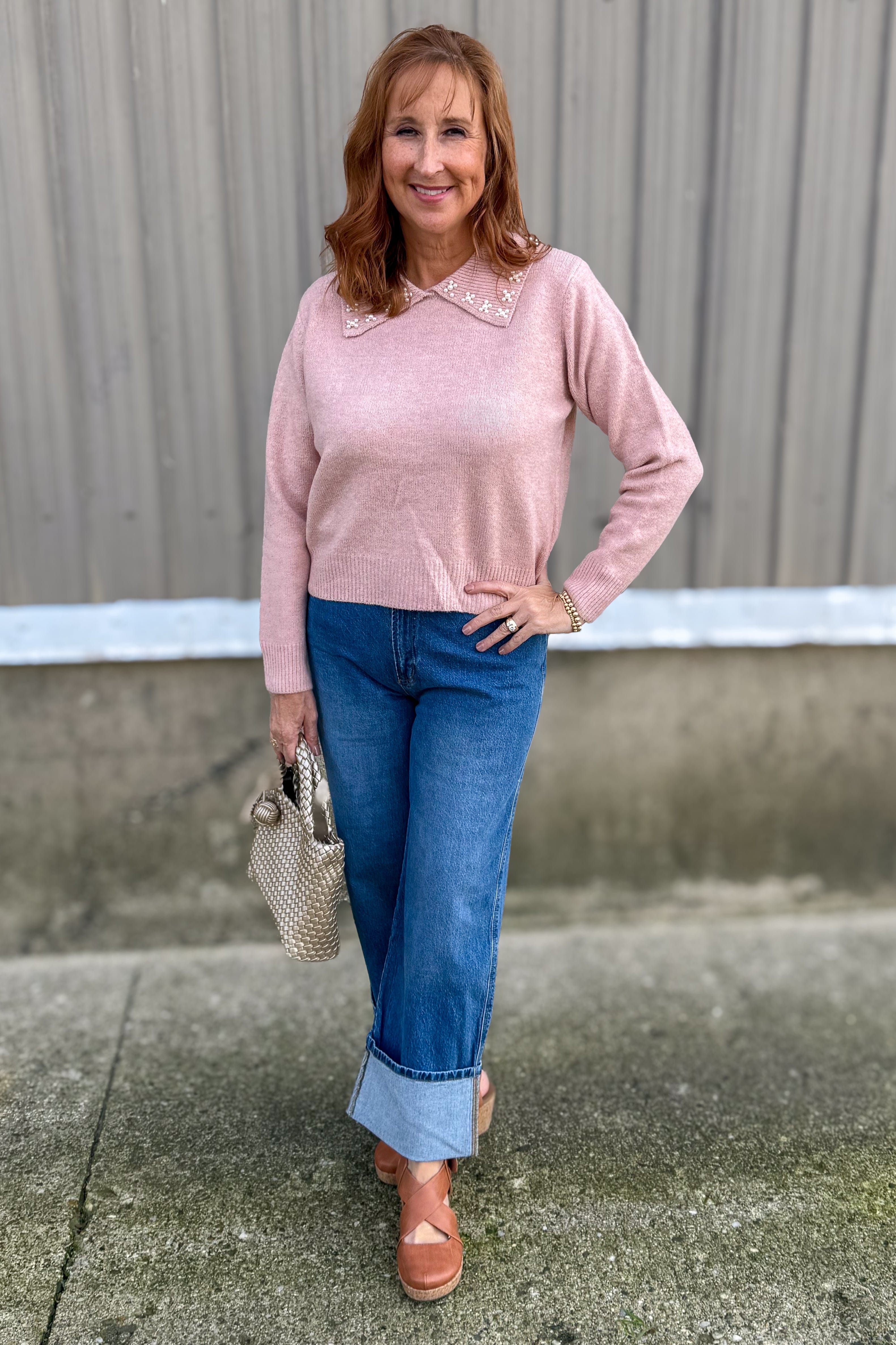 Pink Embellished Collar Knit Sweater Styled