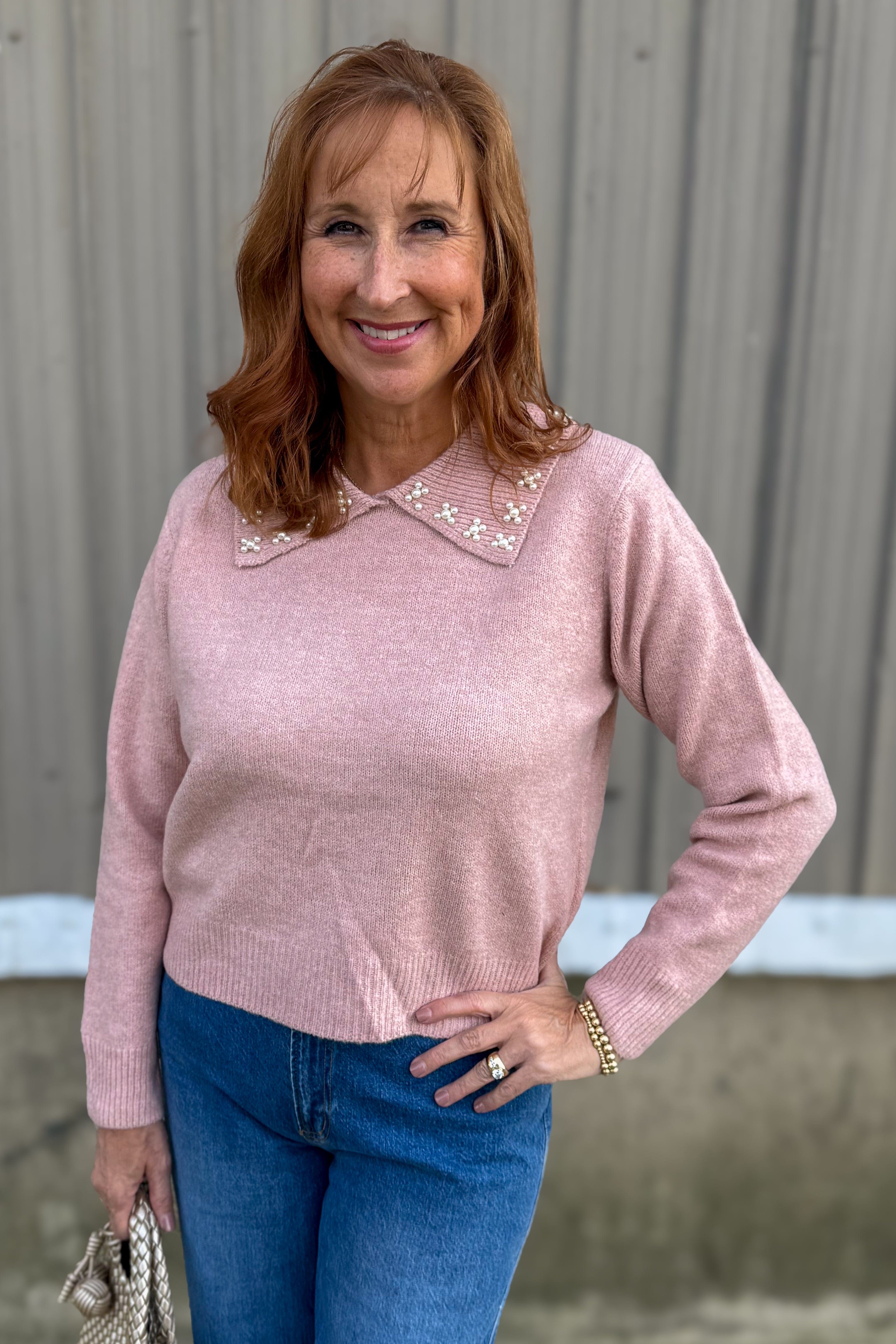 Pink Embellished Collar Knit Sweater