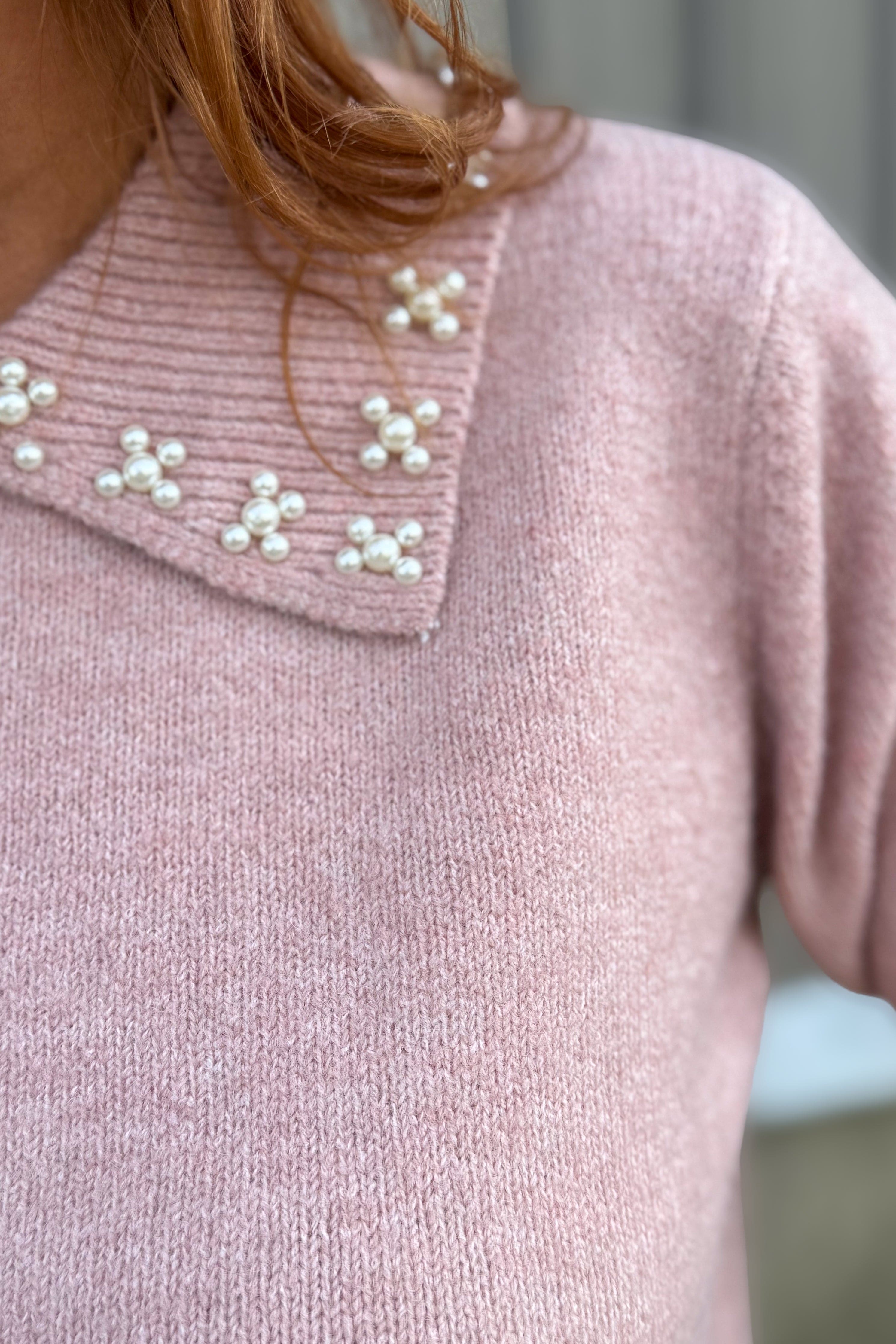 Pink Embellished Collar Knit Sweater Detailed