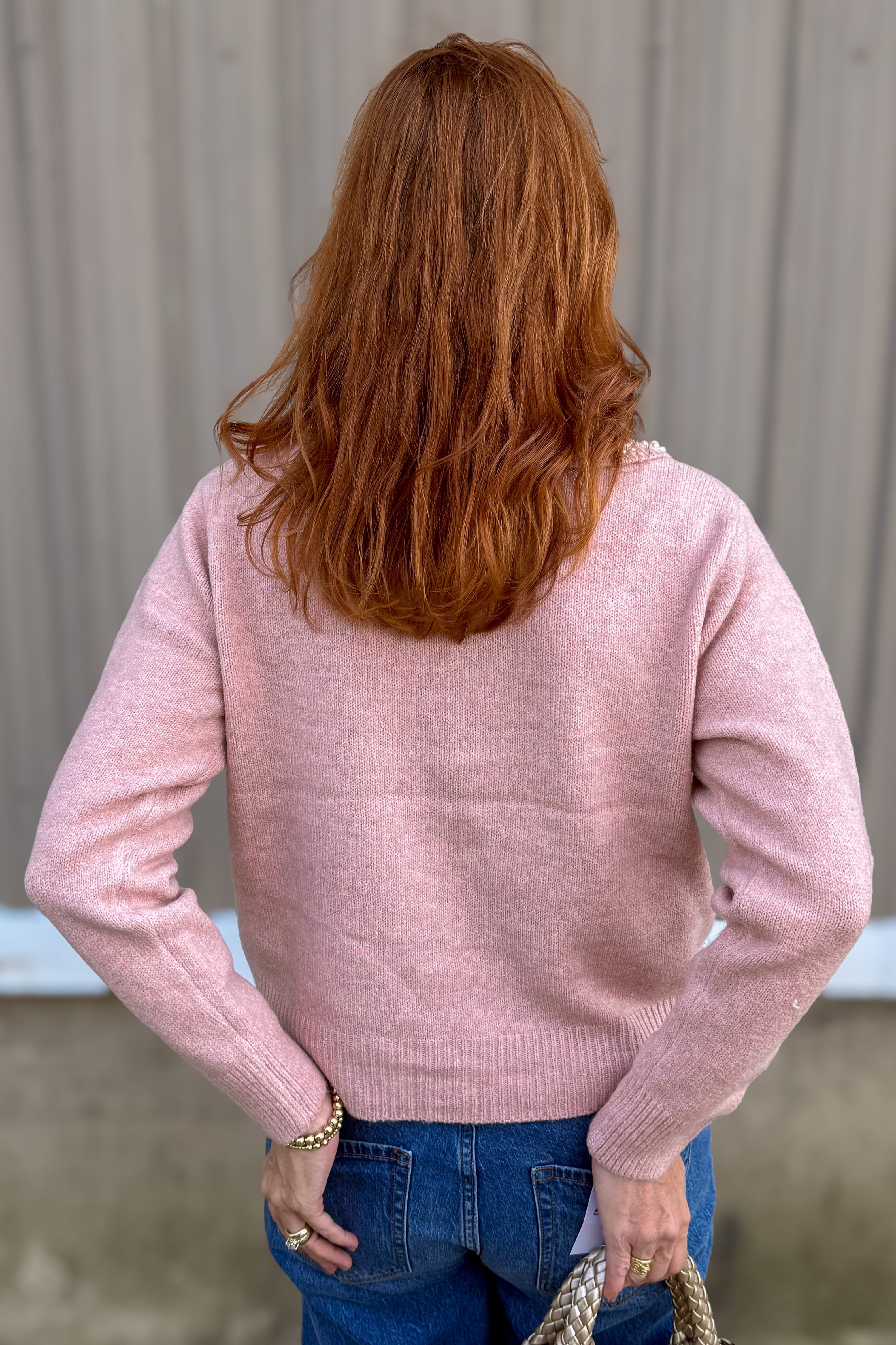 Pink Embellished Collar Knit Sweater Back