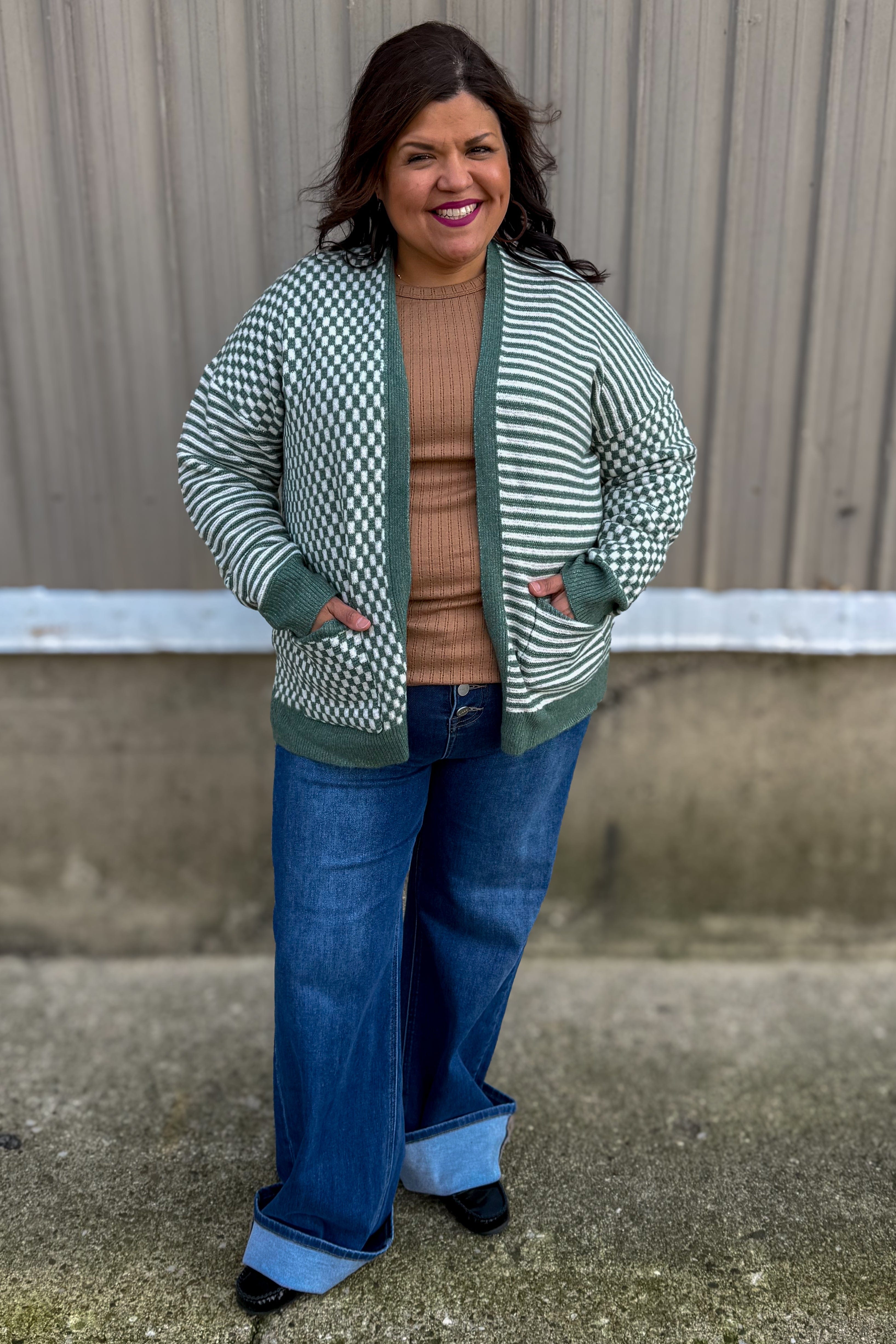 Sage Checkerbard & Stripe Mix Media Cardigan Styled