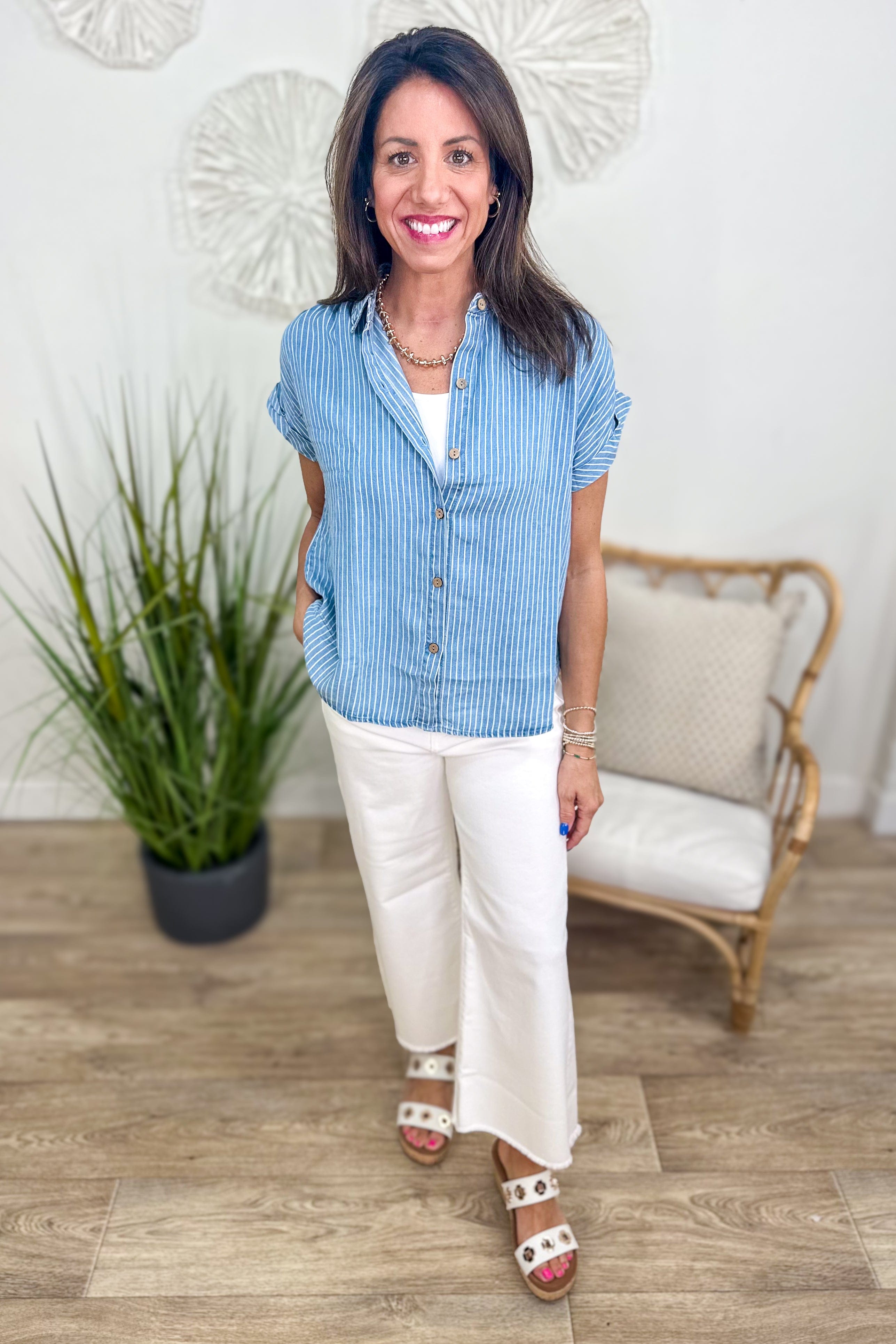 Striped Chambray Button Down Shirt styled