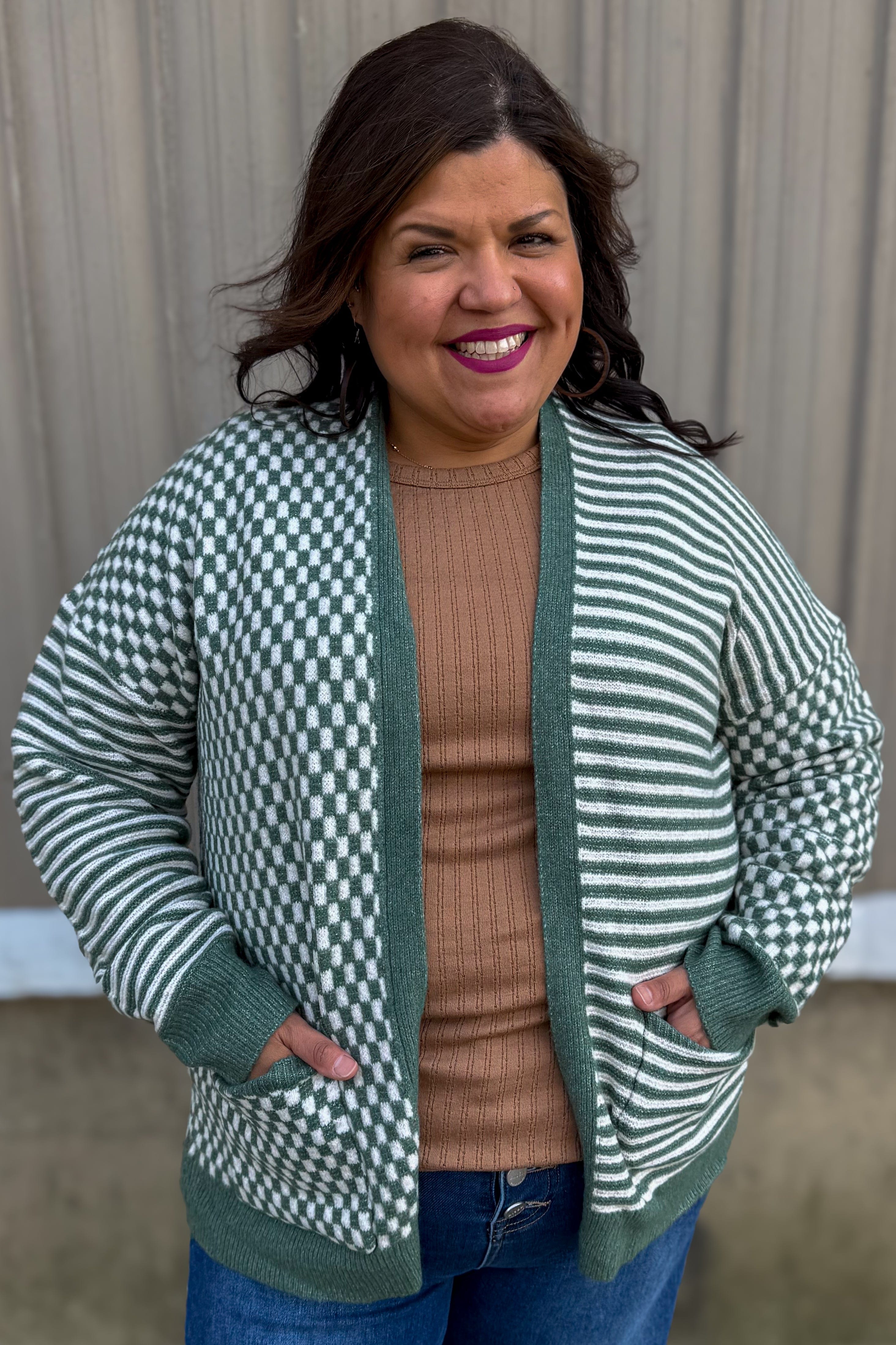 Sage Checkerbard & Stripe Mix Media Cardigan