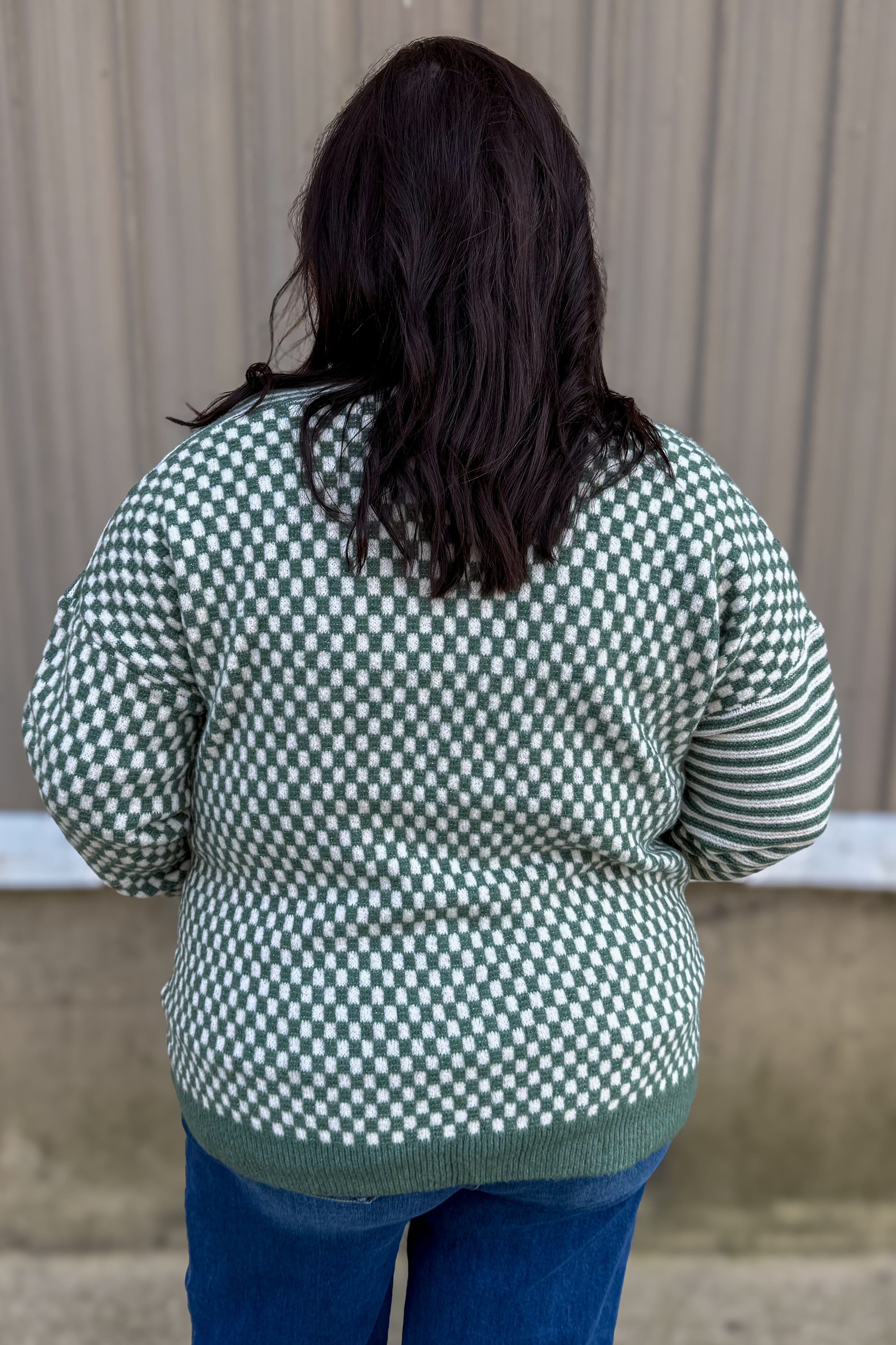 Sage Checkerbard & Stripe Mix Media Cardigan Back