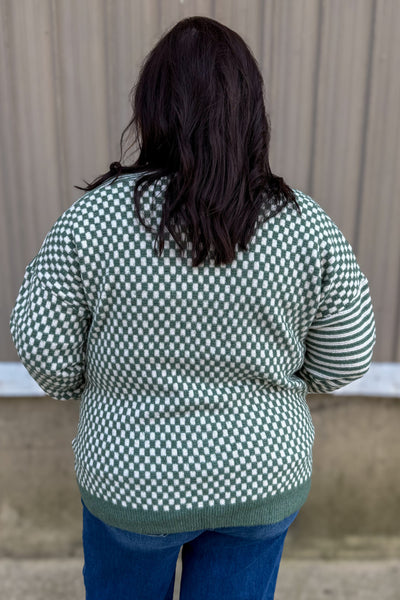 Sage Checkerbard & Stripe Mix Media Cardigan Back