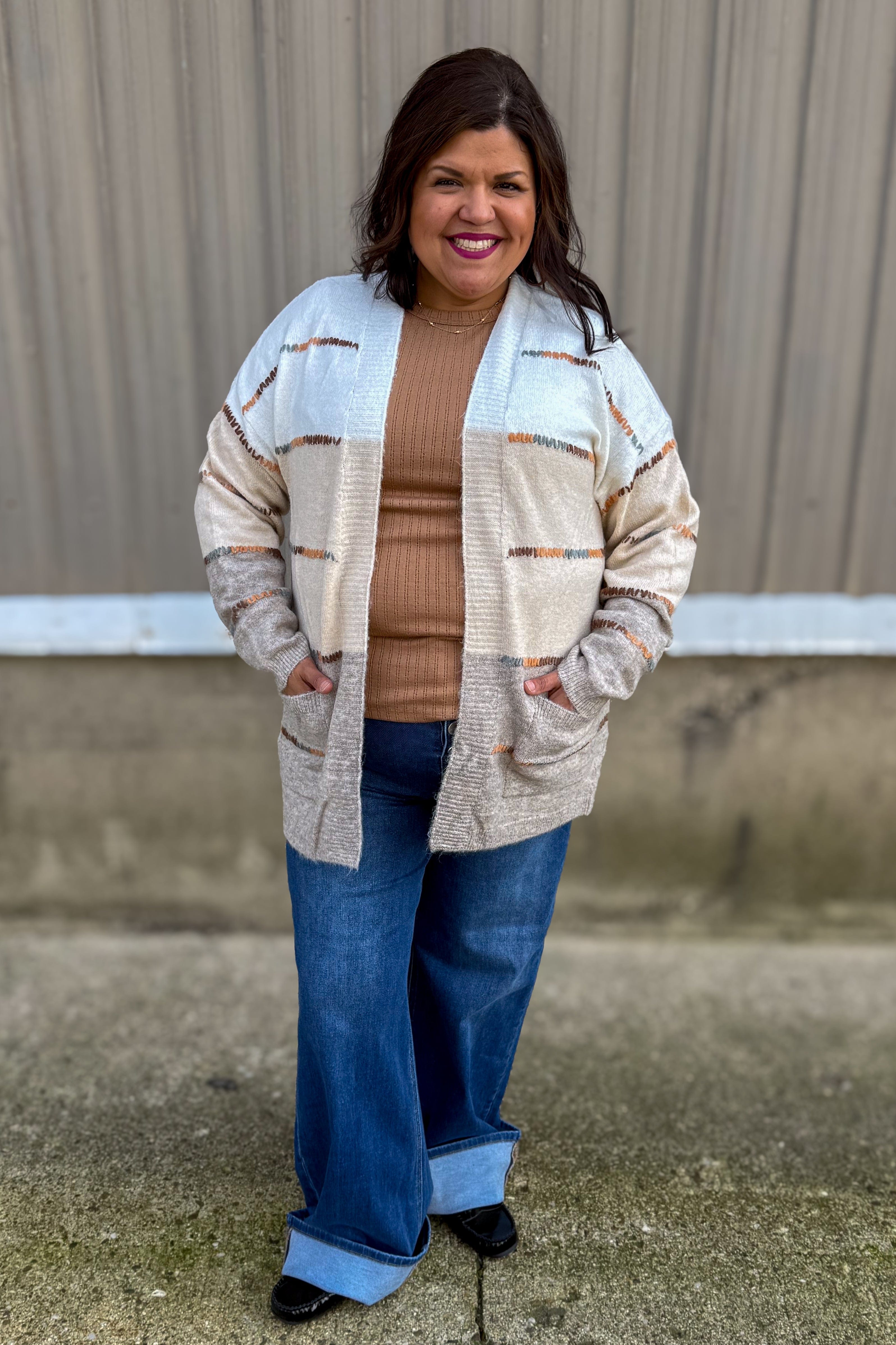 Taupe Color Block Multi Stich Open Front Cardigan