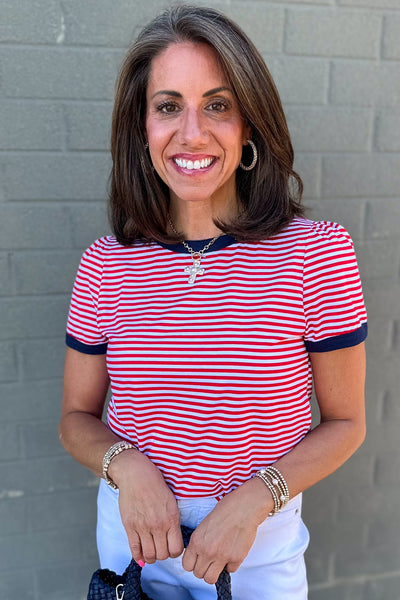 Red Stripe Navy Color Trim Top