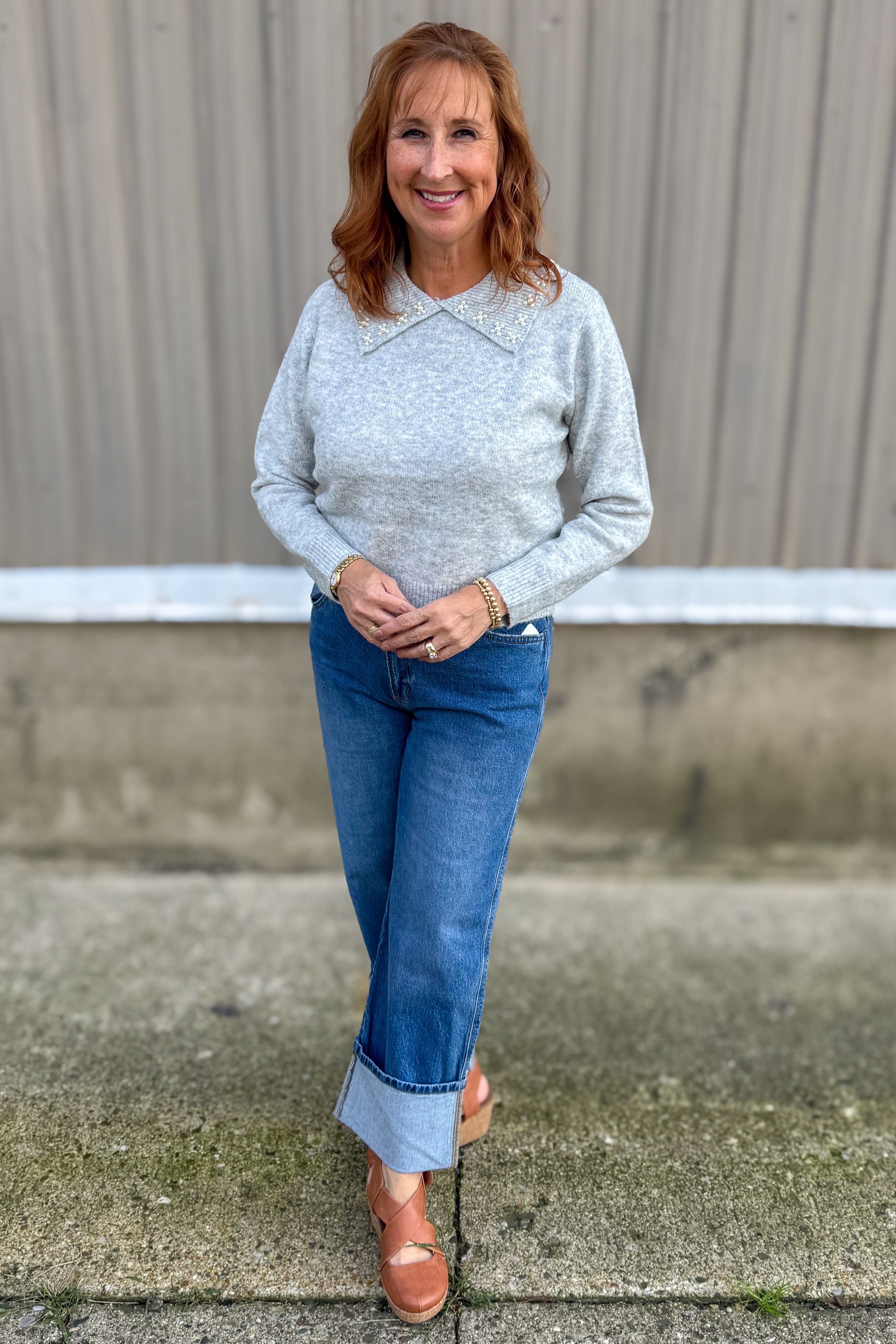 Grey Embellished Collar Knit Sweater Styled
