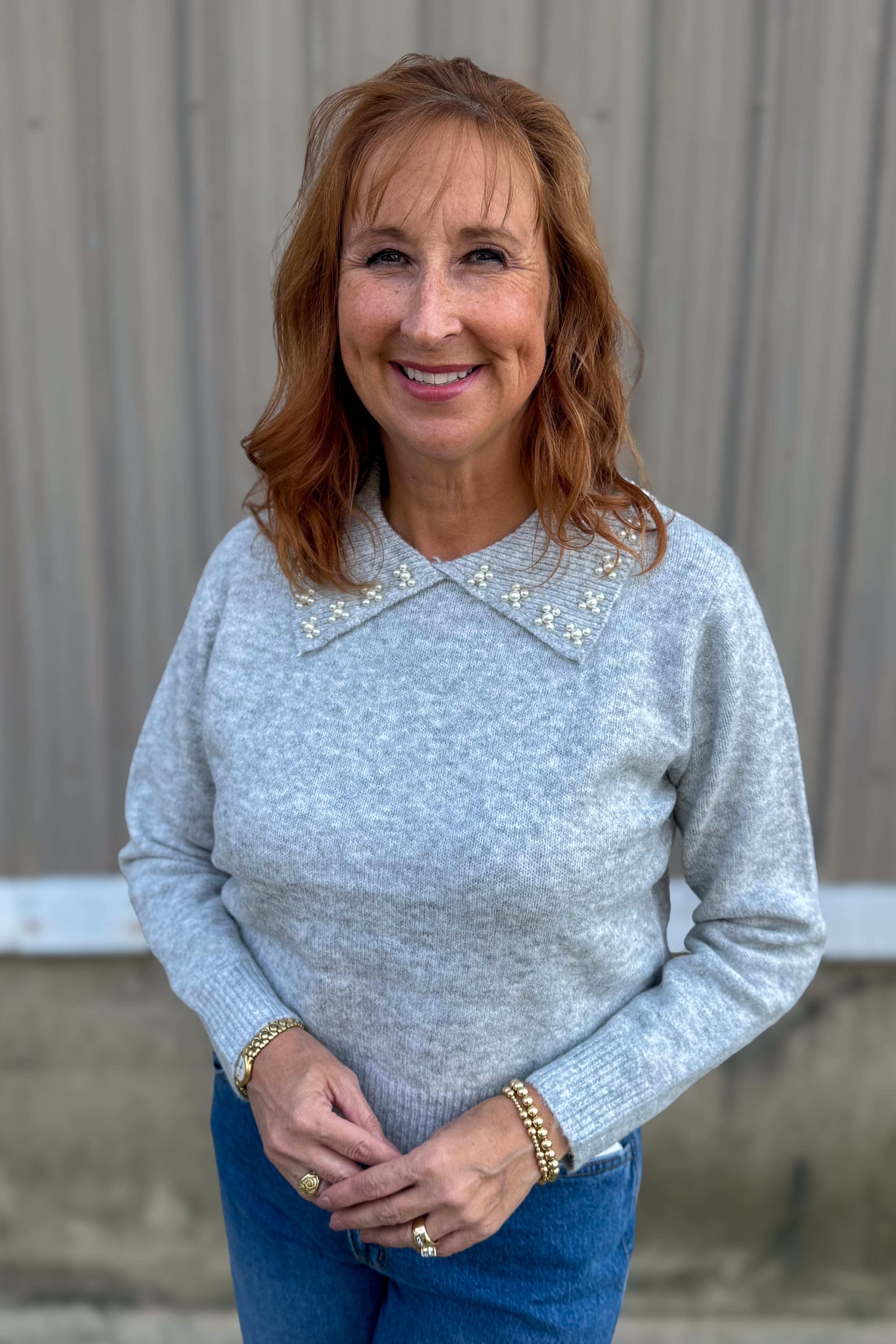 Grey Embellished Collar Knit Sweater
