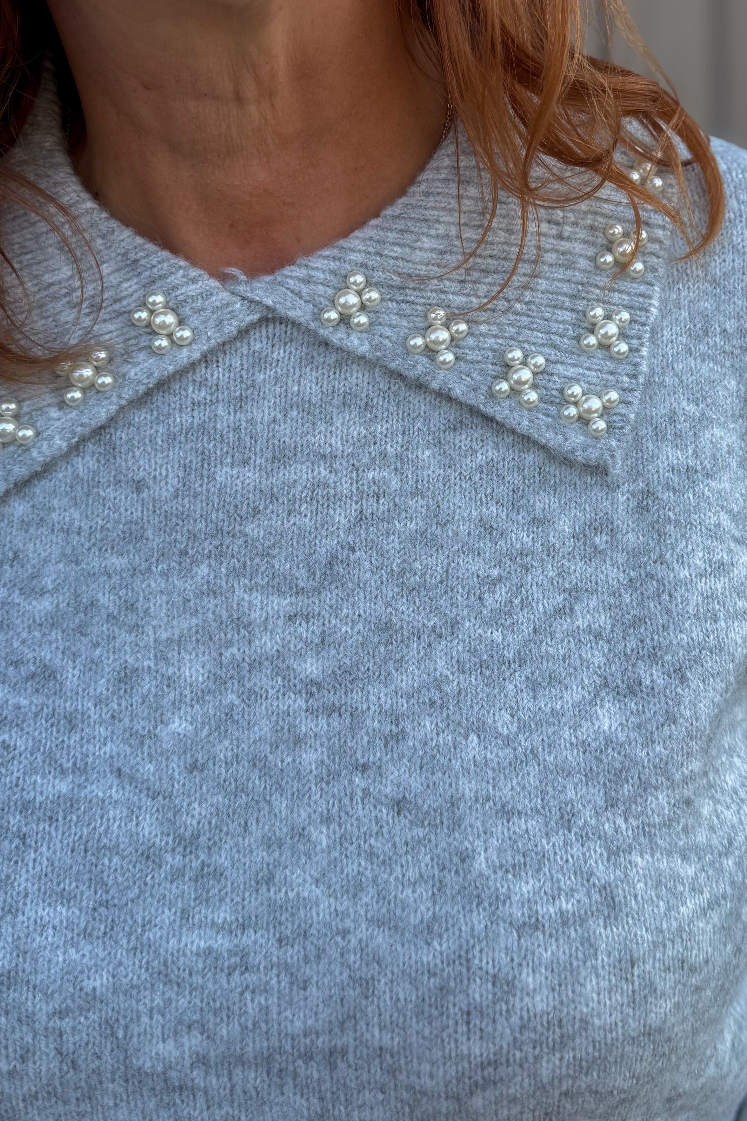Grey Embellished Collar Knit Sweater Detailed