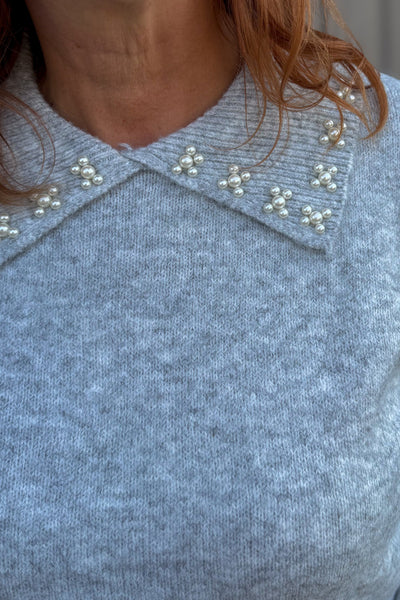 Grey Embellished Collar Knit Sweater Detailed