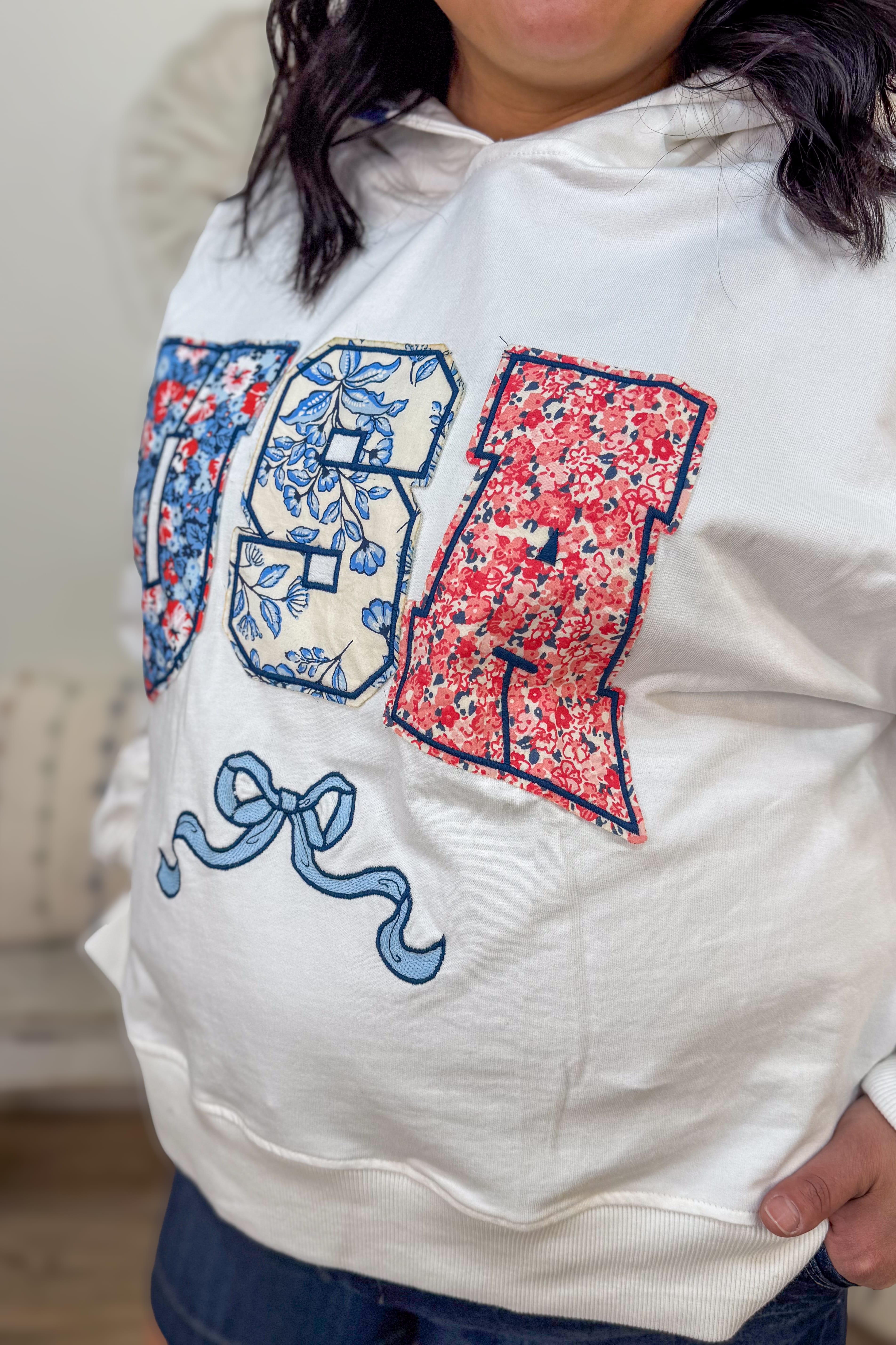 White Floral USA Hoodie detail