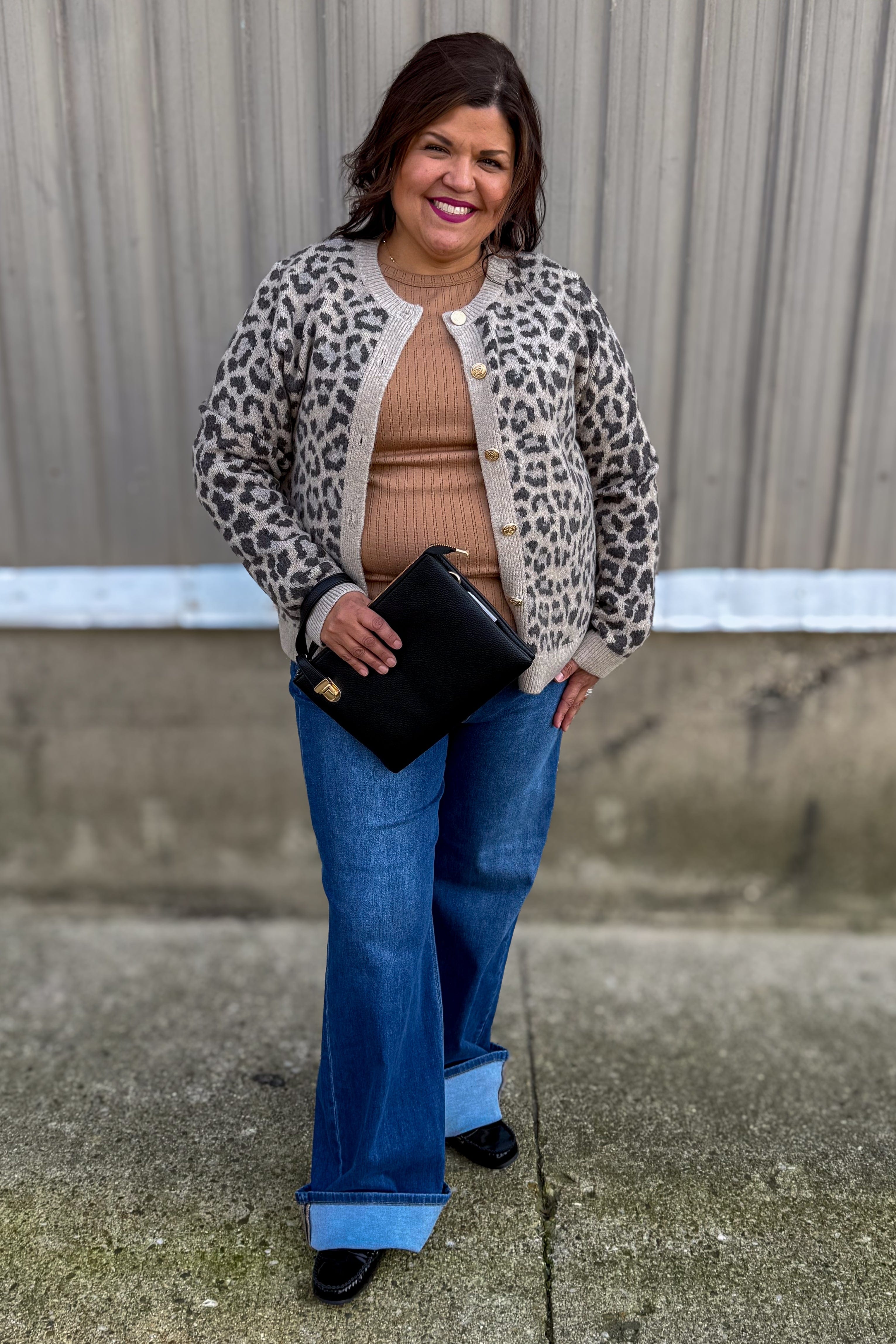 Taupe Preppy Leopard Button Front Cardigan Styled