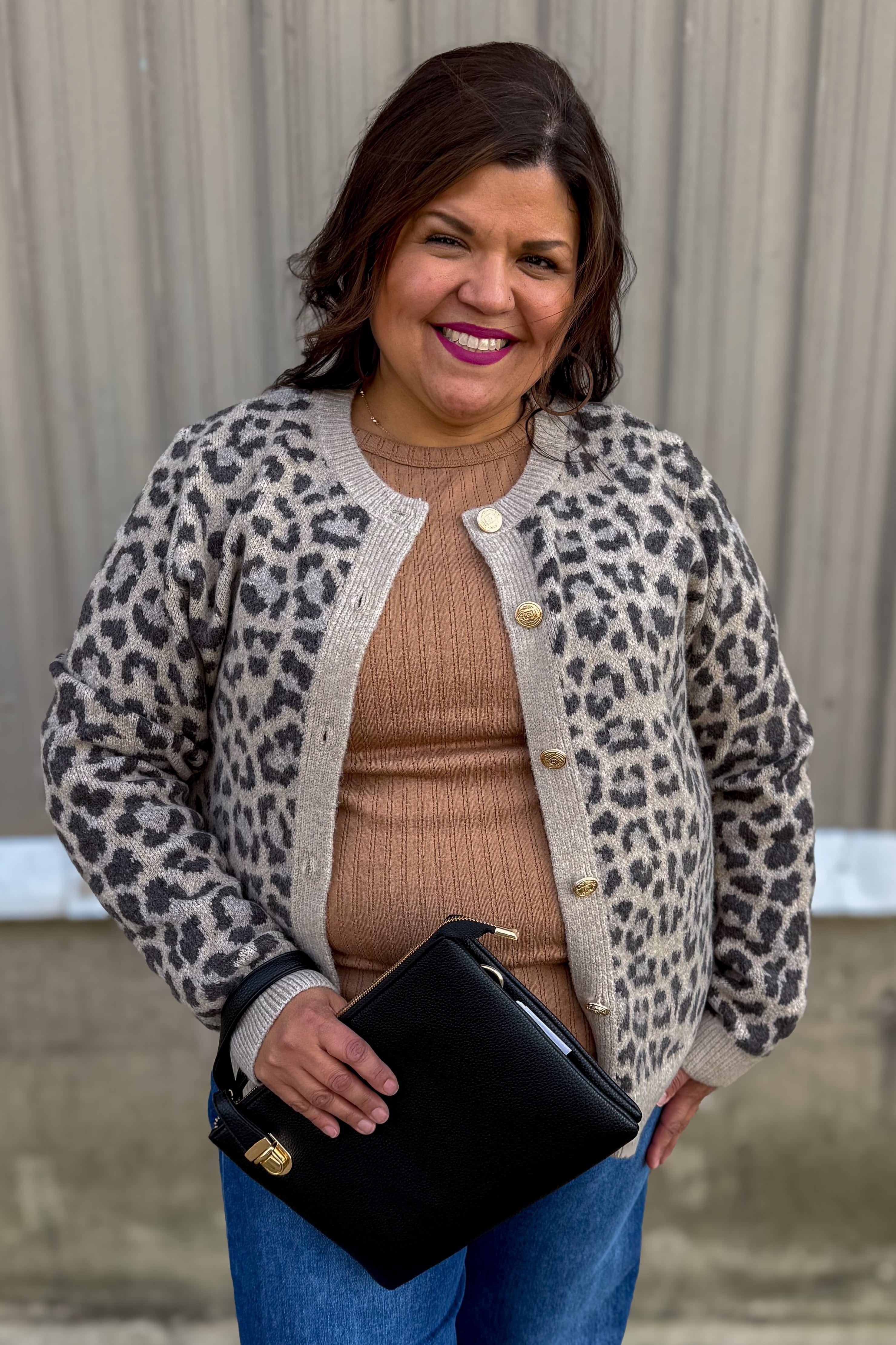 Taupe Preppy Leopard Button Front Cardigan