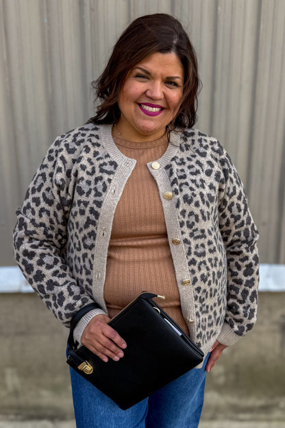 Taupe Preppy Leopard Button Front Cardigan