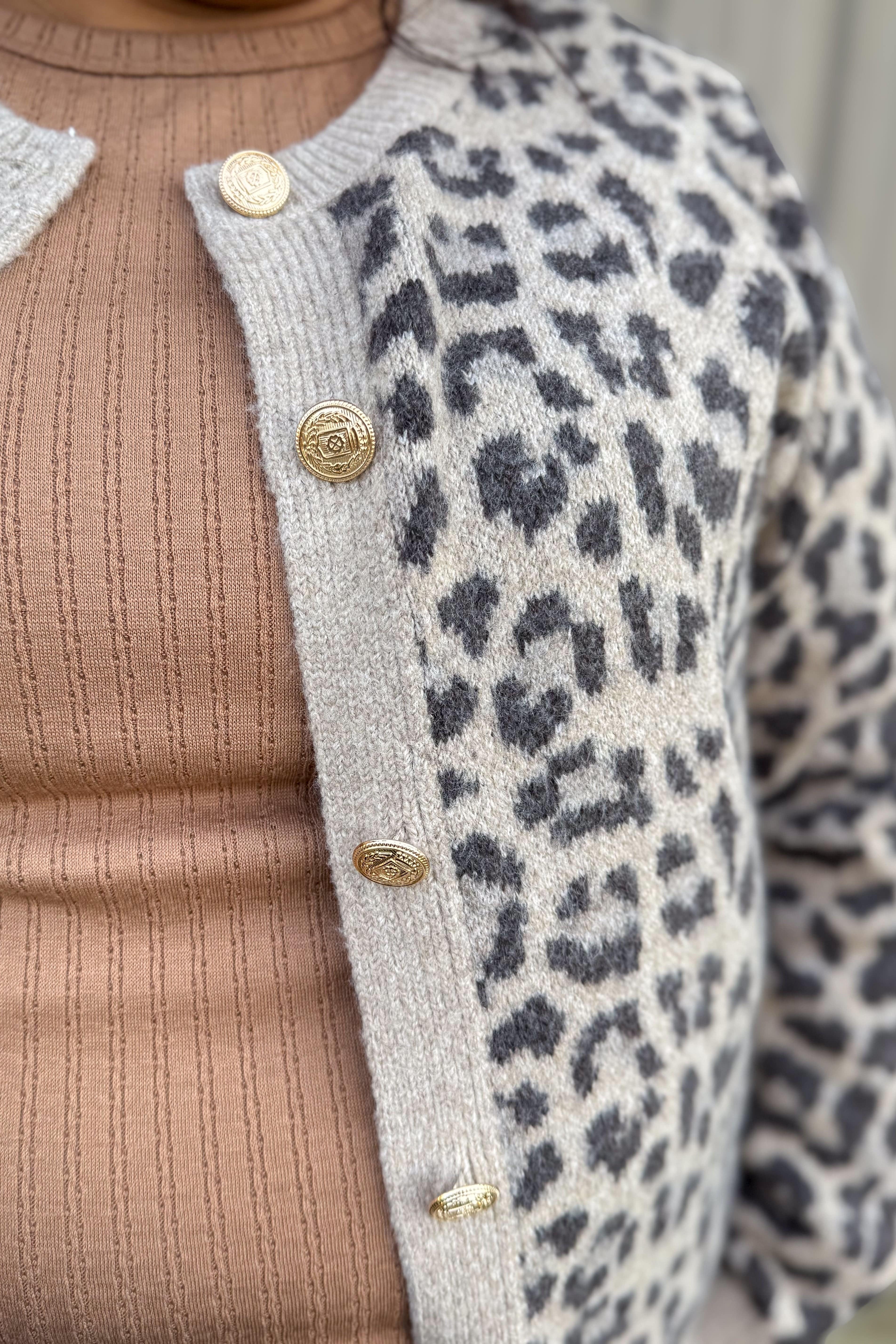 Taupe Preppy Leopard Button Front Cardigan Detailed