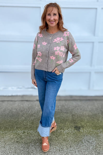Mocha Pastel Daisy Knit Cardigan