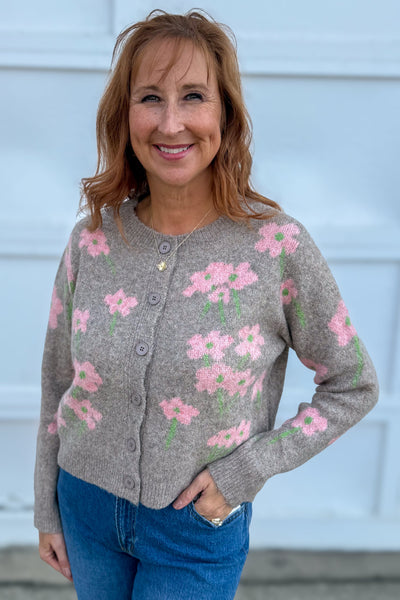 Mocha Pastel Daisy Knit Cardigan