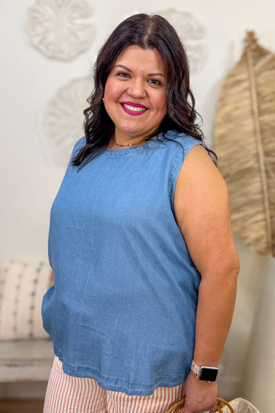 Chambray Back Button Sleeveless Top