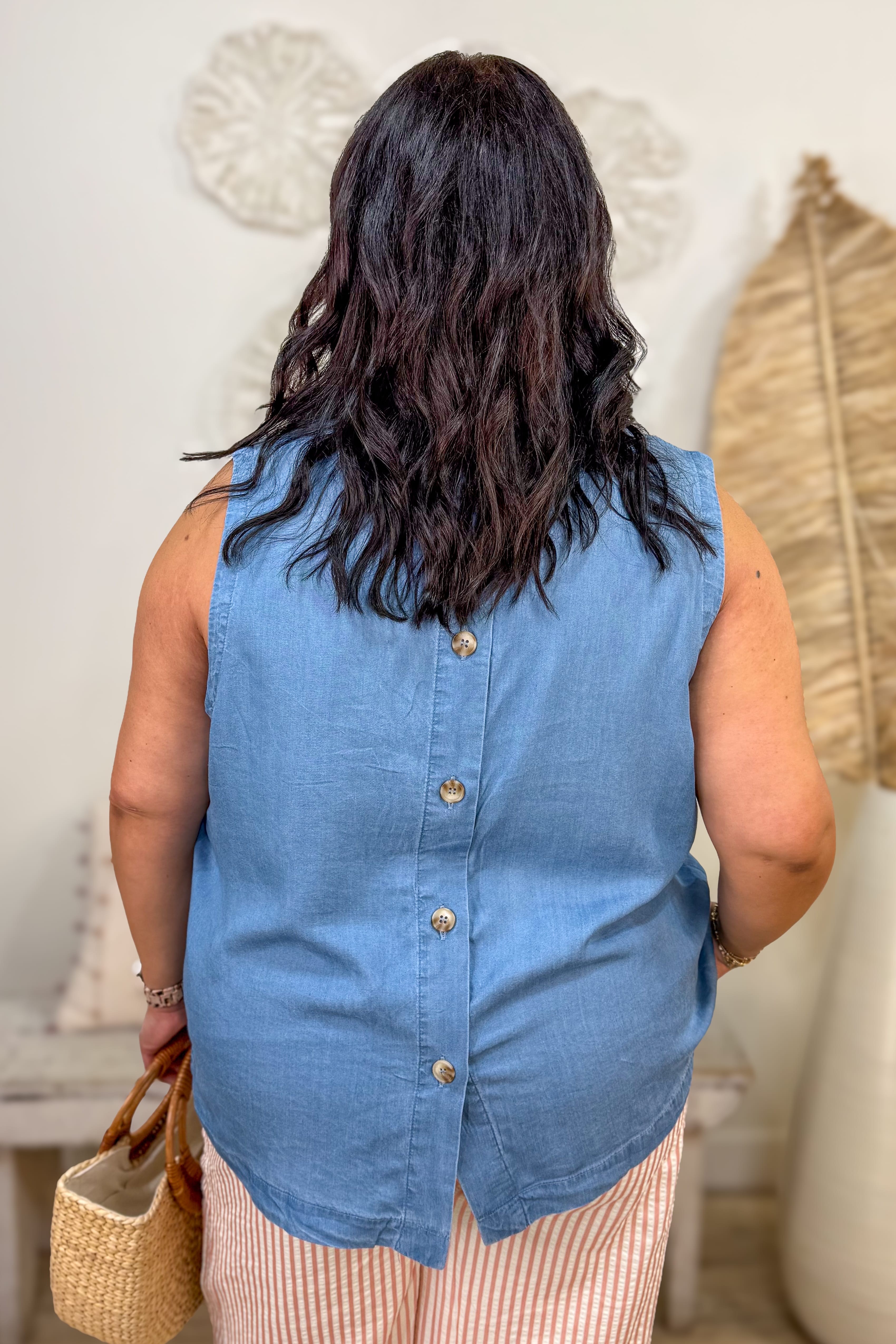 Chambray Back Button Sleeveless Top Back