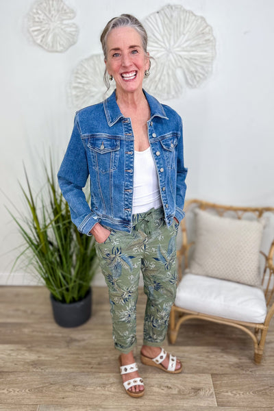 Khaki Green Leaf Print Pant styled