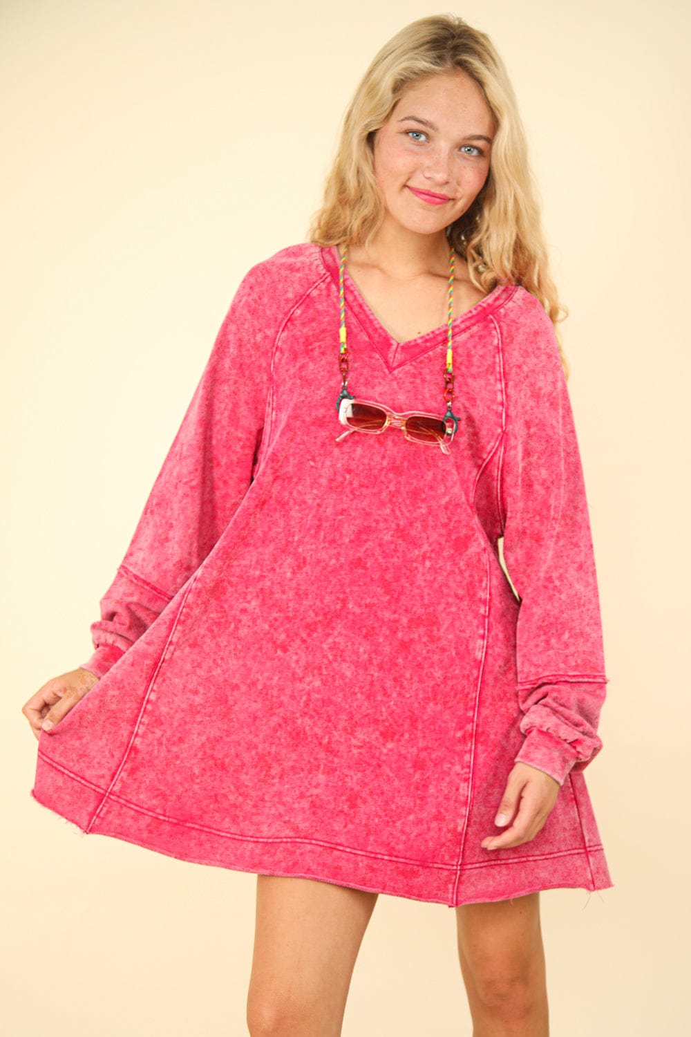 Magenta Mineral Wash A-Line Mini Dress