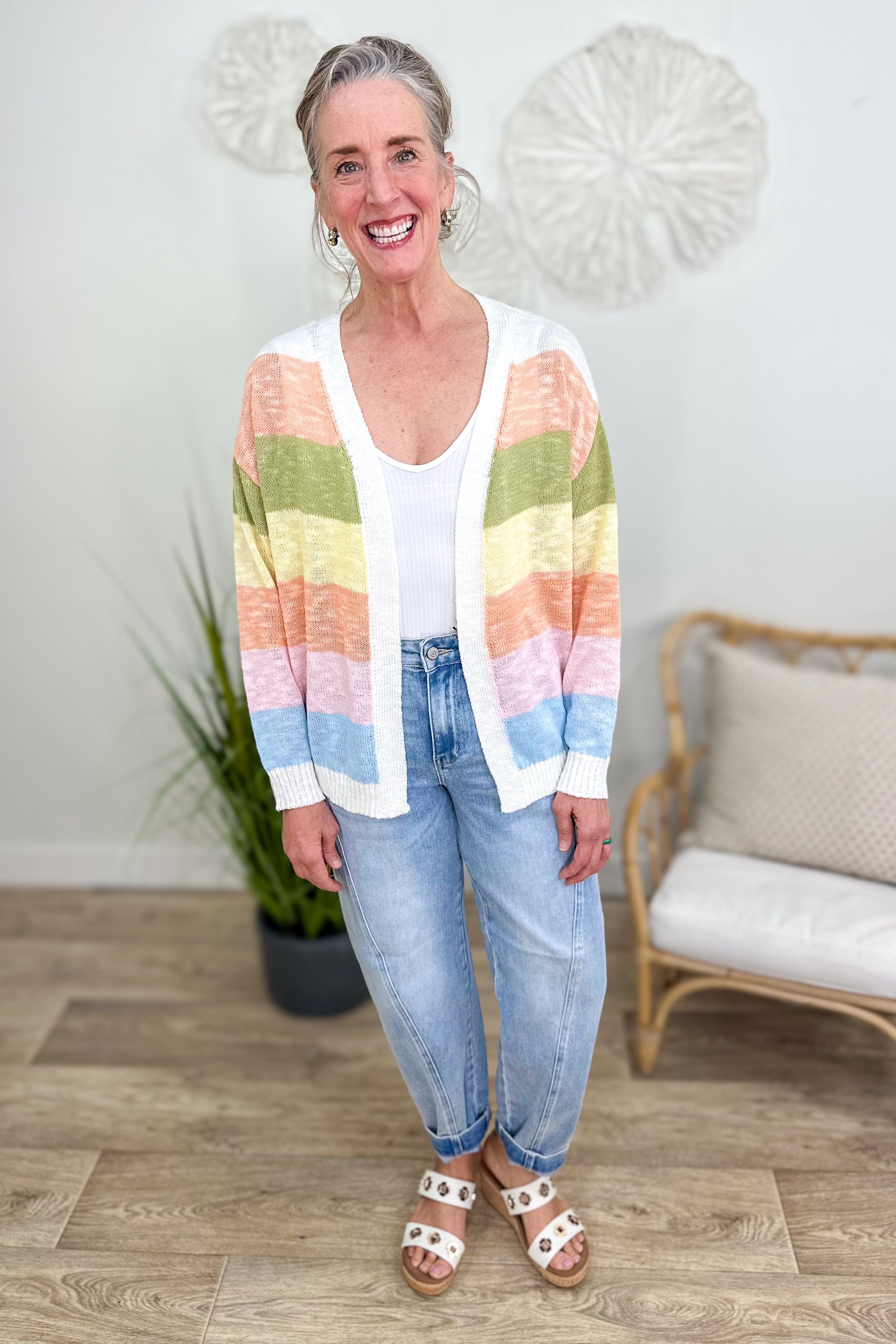 Rainbow Color Block Cardigan styled