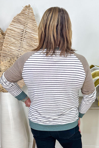 Ivory & Mocha Color Blocked Striped Terry Top styled