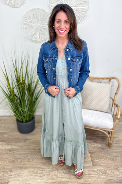 Sage Lace Inset Maxi Dress styled