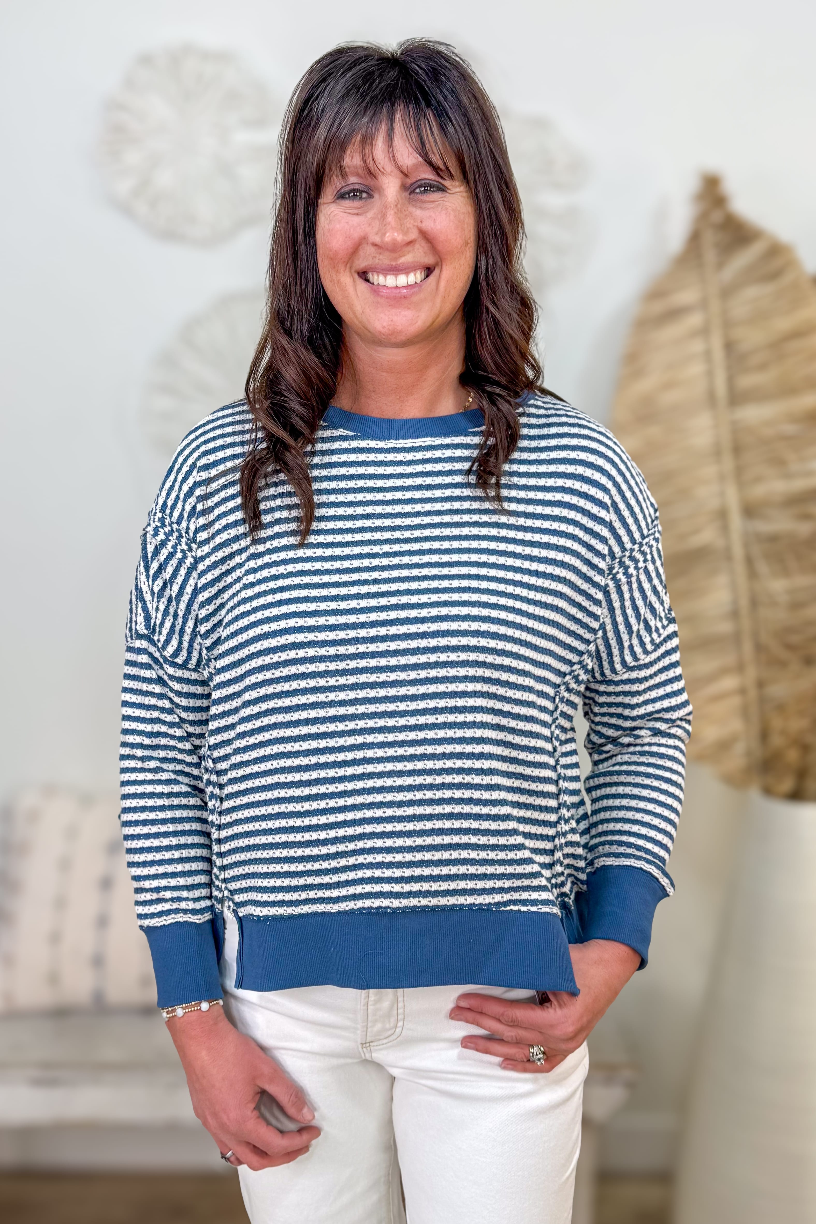 Denim Stripe Exposed Split Hem Knit Top