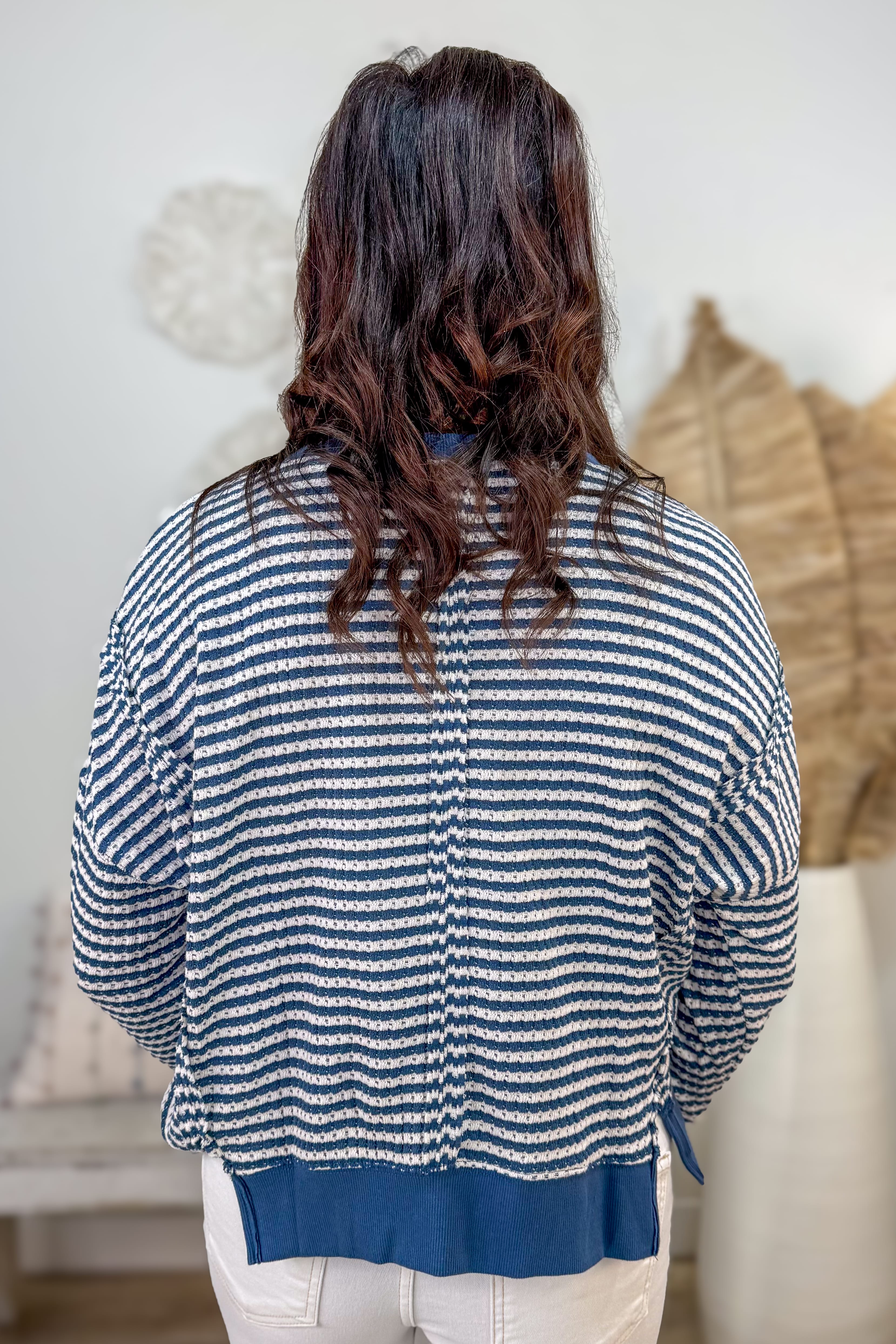 Denim Stripe Exposed Split Hem Knit Top back