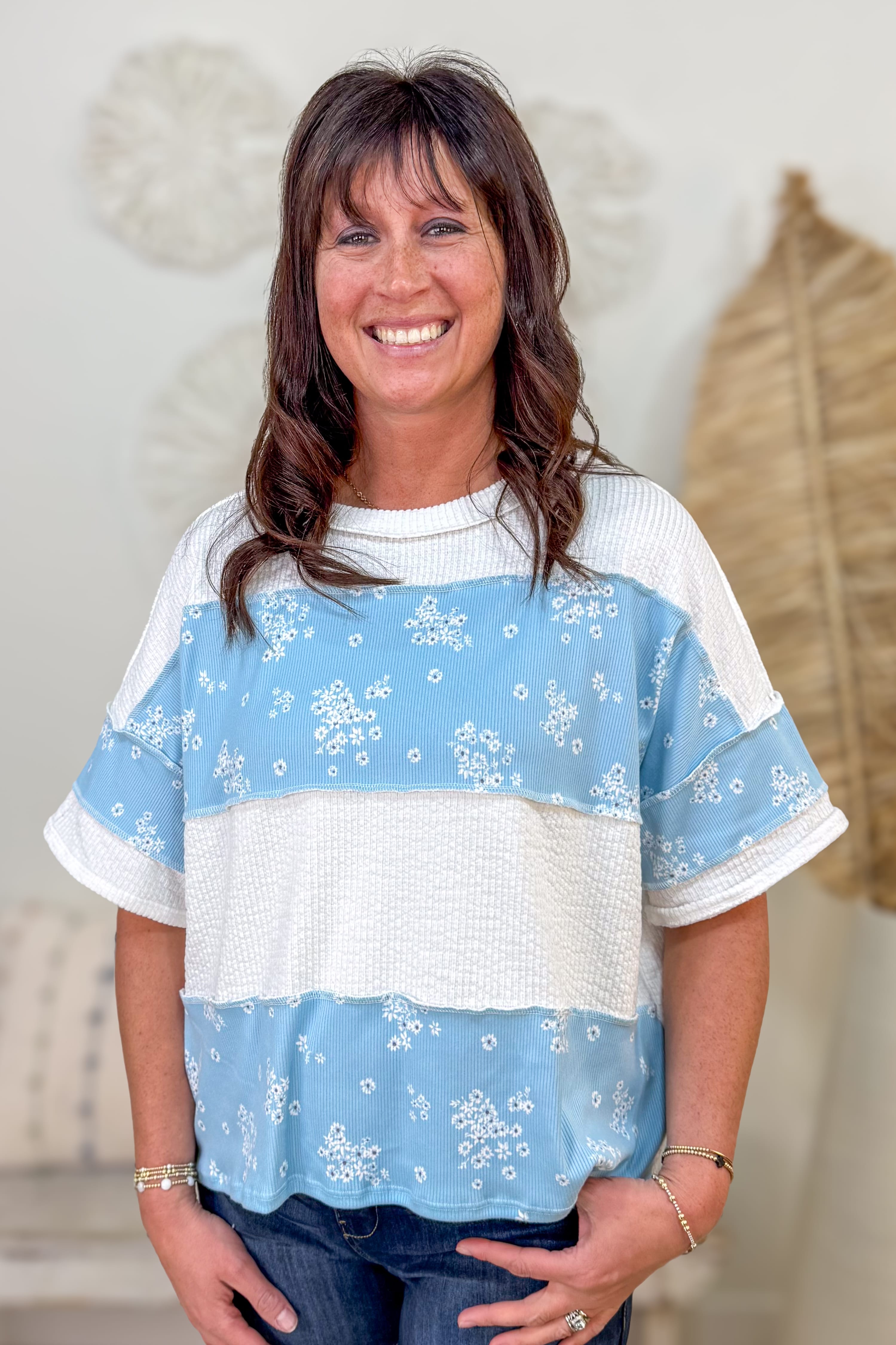 Ivory & Sky Blue Floral Colorblock Top
