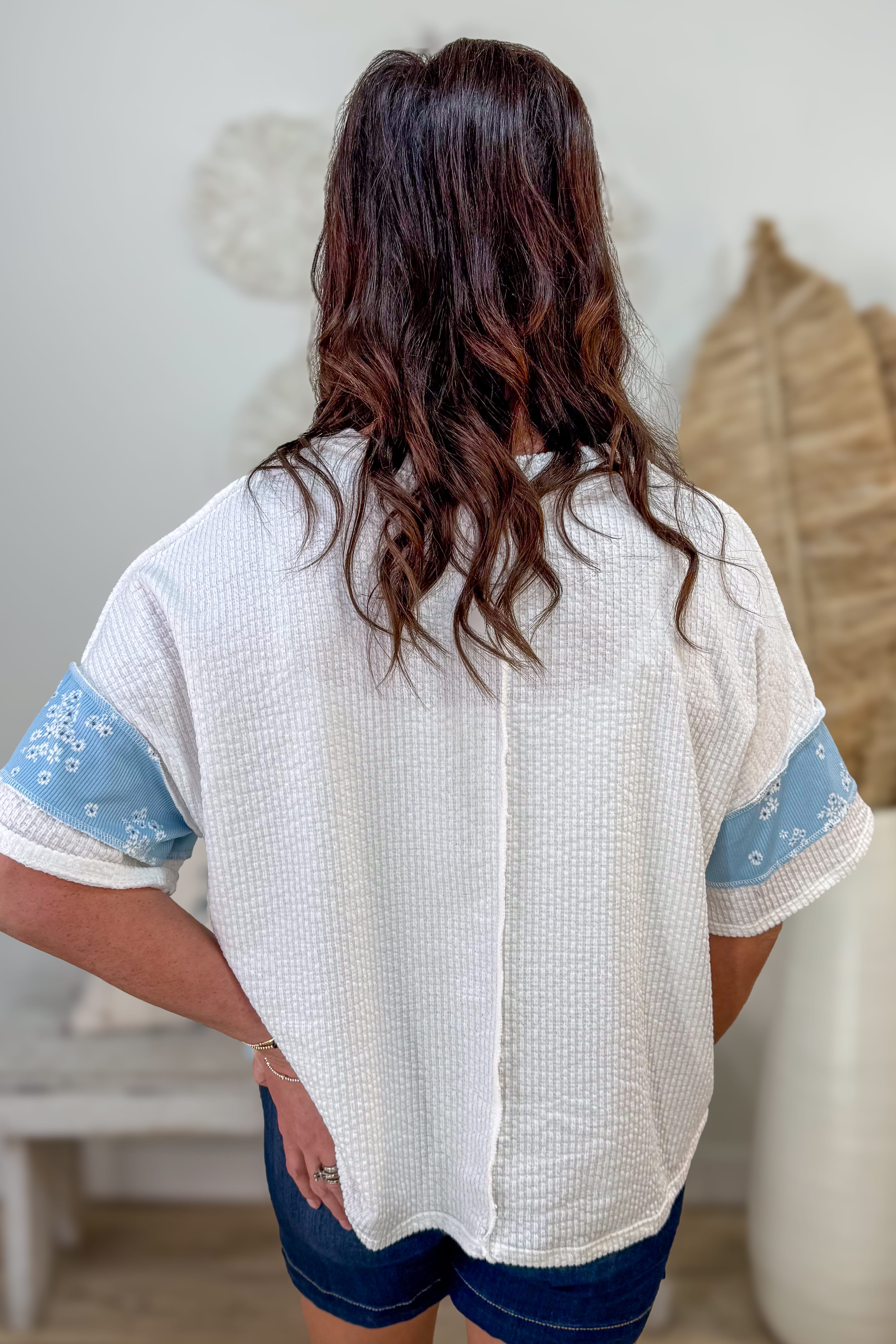 Ivory & Sky Blue Floral Colorblock Top Back