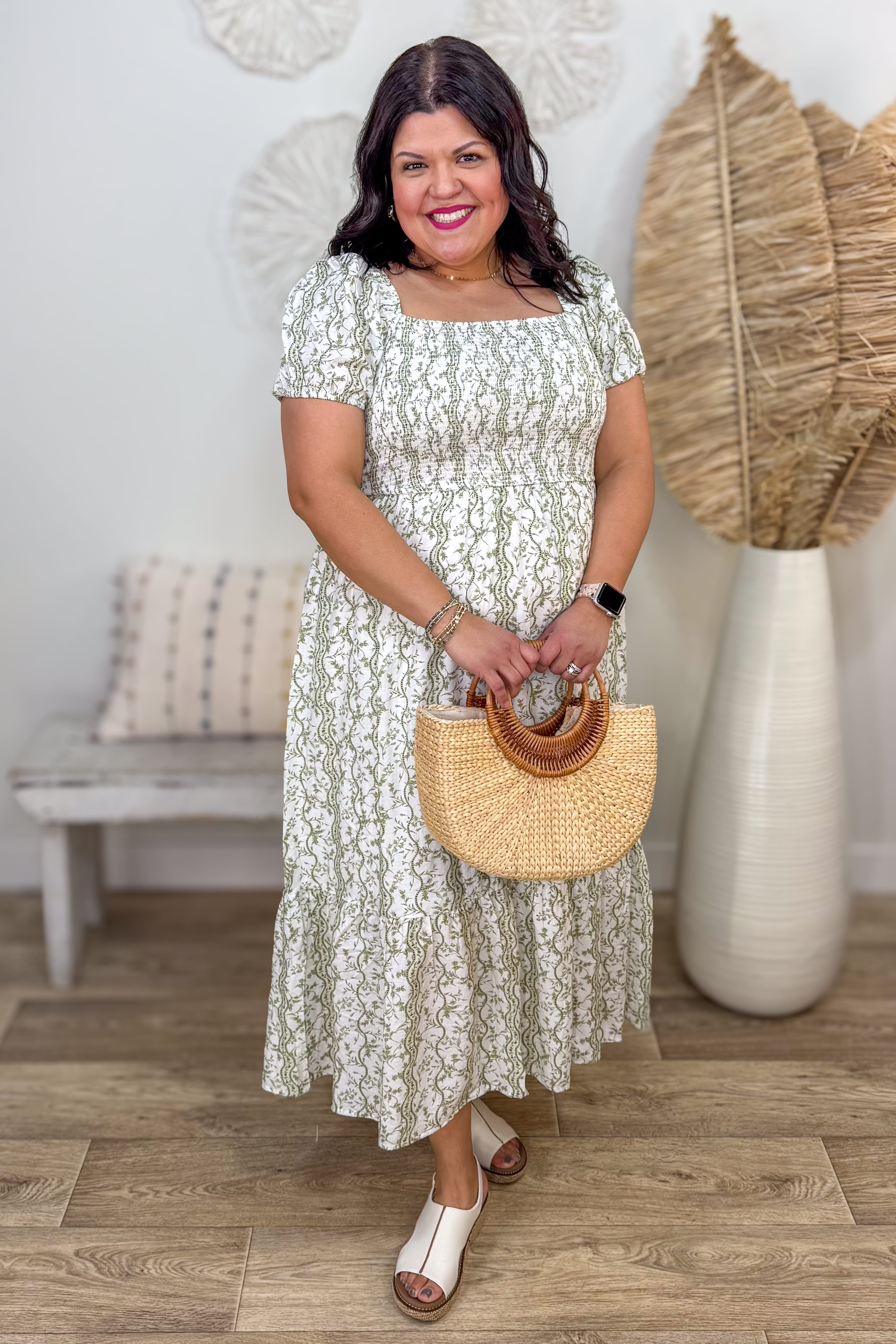 Light Olive Wavy Floral Smocked Midi Dress 3X Light Olive Wavy Floral Smocked Midi Dress 3X