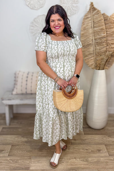 Light Olive Wavy Floral Smocked Midi Dress